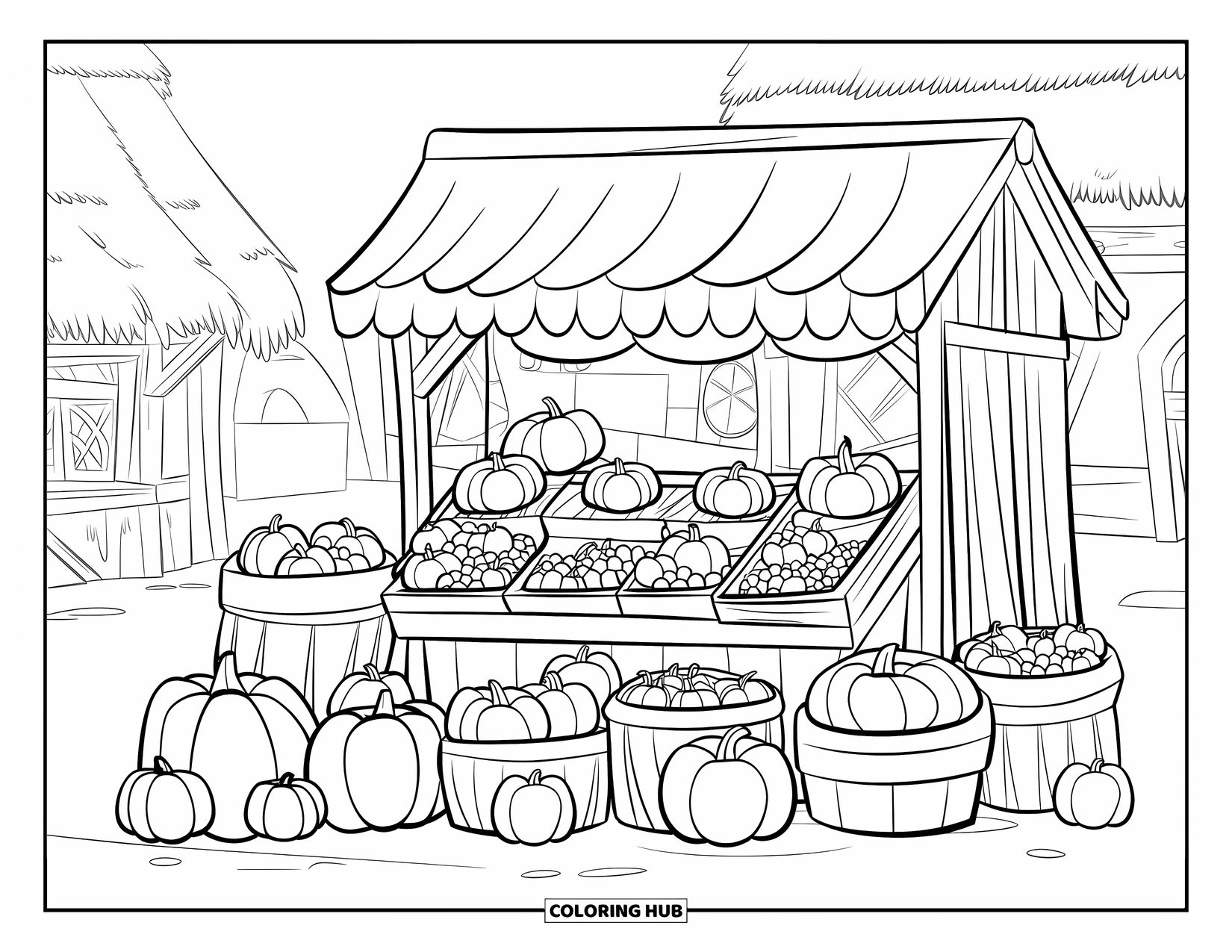 Herfst Kleurplaat voor Kinderen: Een rustieke marktkraam stroomt over van pompoenen, appels en potten gouden honing