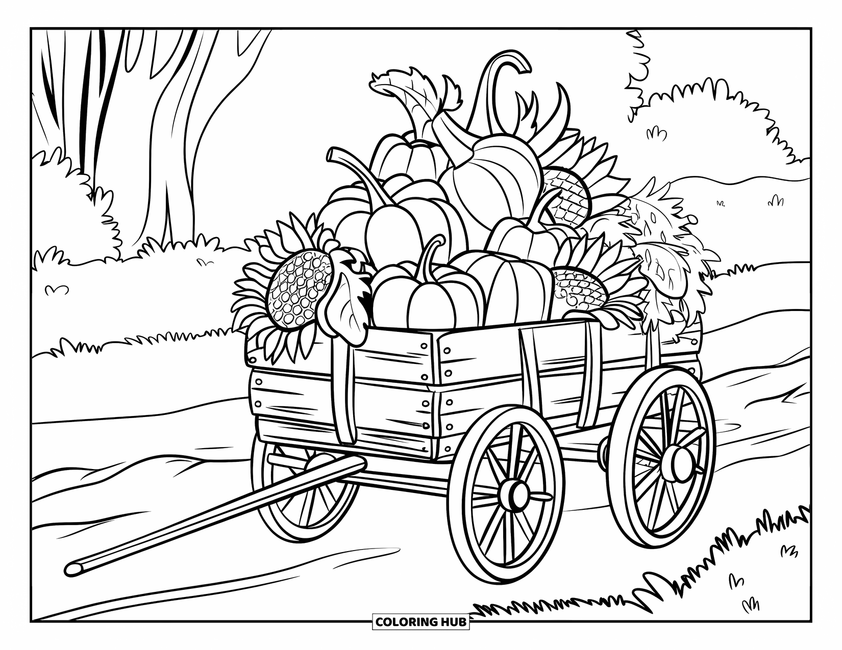 Herfst Kleurplaat voor Kinderen: Een rustieke wagen staat vol met pompoenen, kalebassen en zonnebloemen op een zandweg