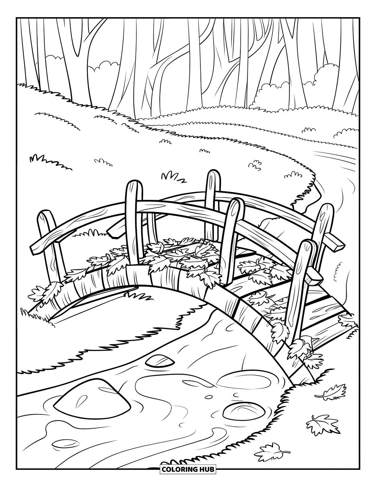 Herfst Kleurplaat voor Kinderen: Een rustieke houten brug bedekt met bladeren kruist een zachte beek in een vredig bos