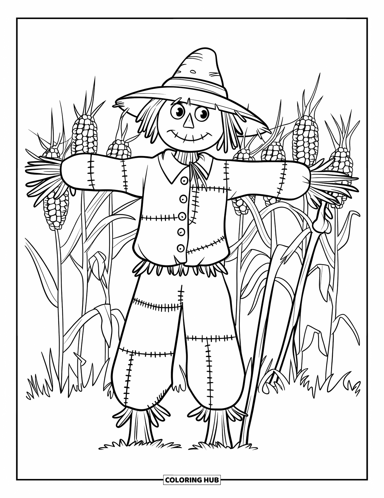 Herfst Kleurplaat voor Kinderen: Een vogelverschrikker met een versleten outfit staat in een veld met torenhoge maisstengels