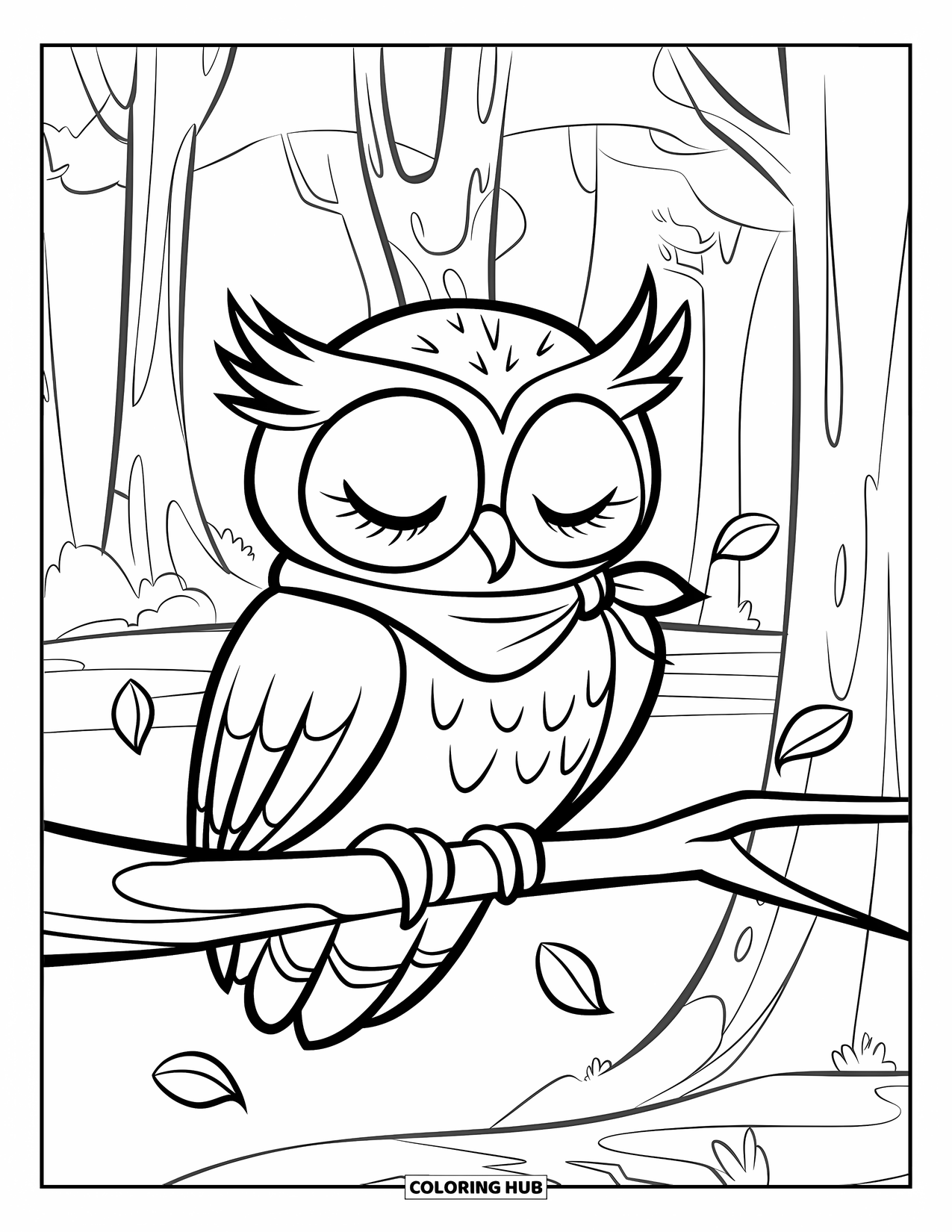 Herfst Kleurplaat voor Kinderen: Een slaperige uil met een sjaal zit op een tak, omringd door zwevende bladeren
