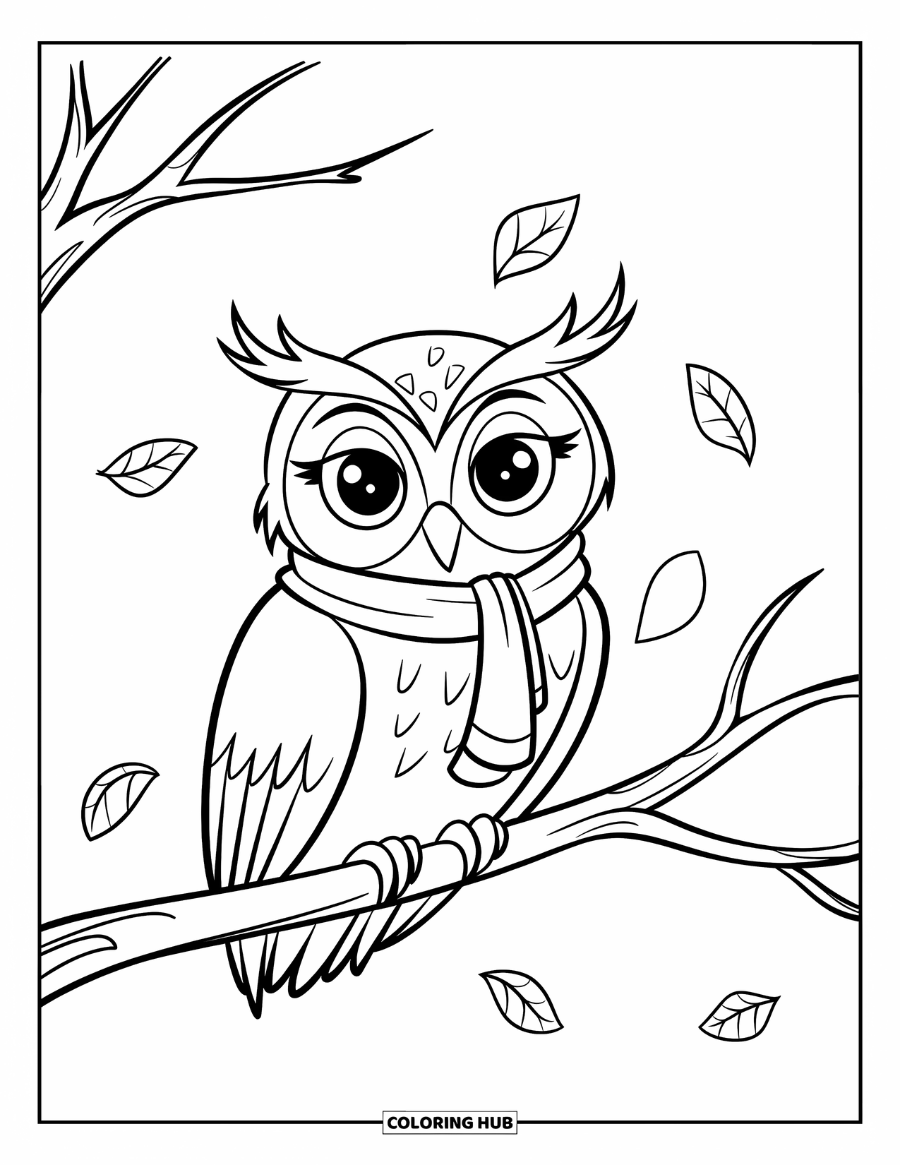 Herfst Kleurplaat voor Kinderen: Een slaperige uil met grote ogen rust op een tak, gewikkeld in een gestreepte sjaal