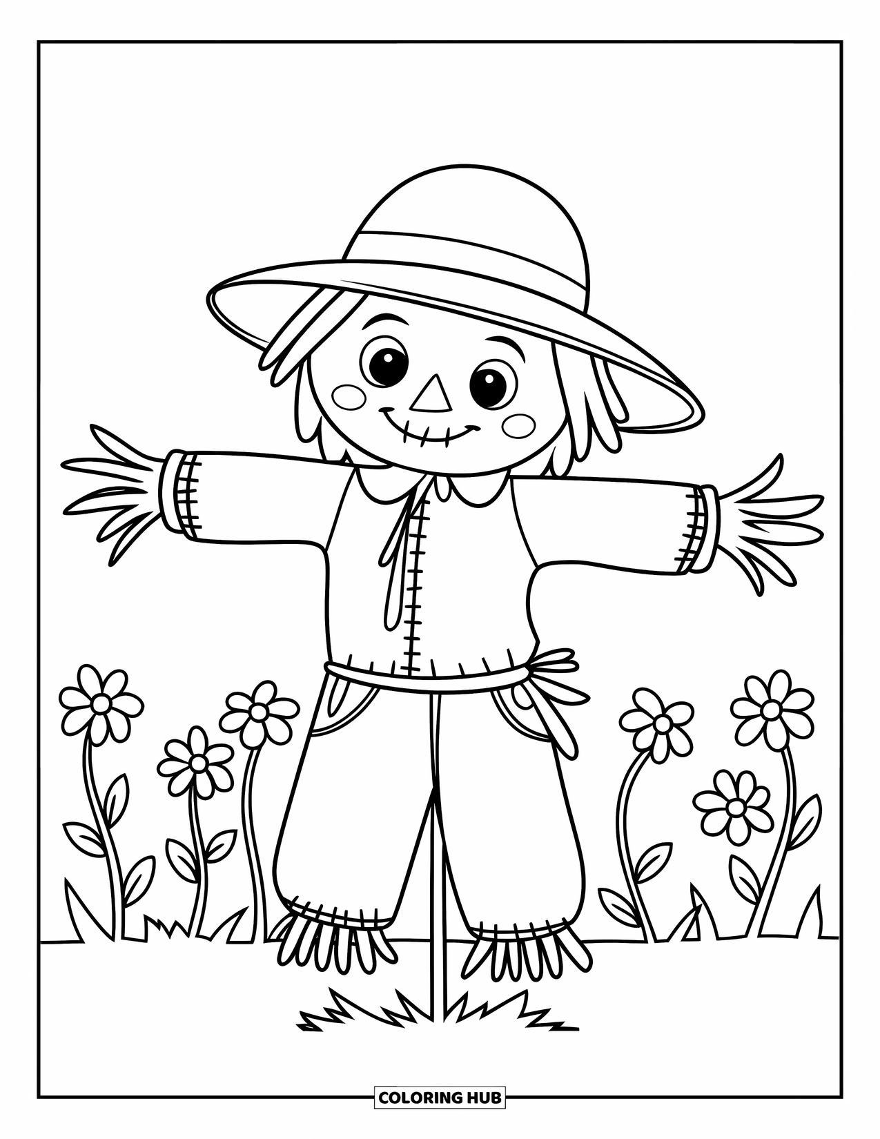 Herfst Kleurplaat voor Kinderen: Een lachende vogelverschrikker met een hoed en gestikte kleren staat tussen hoge bloemen