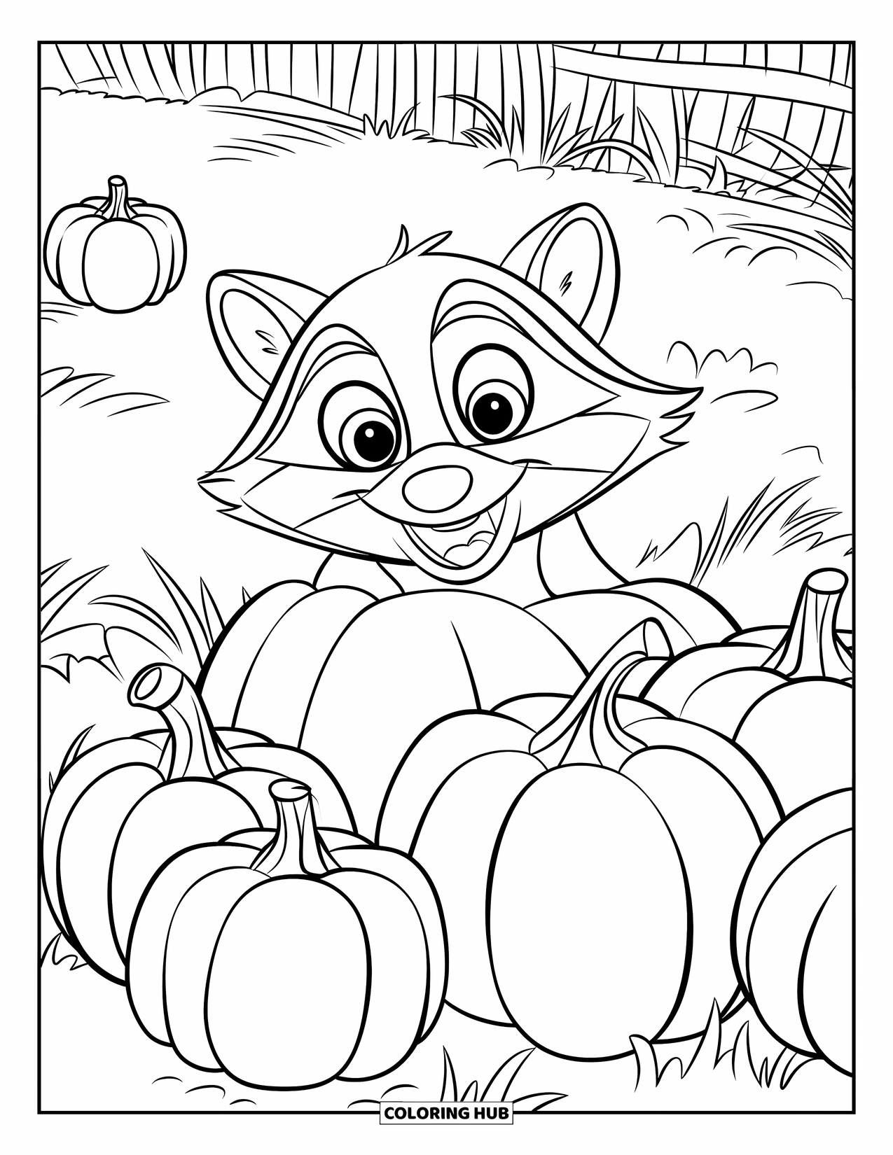 Herfst Kleurplaat voor Kinderen: Een stiekeme wasbeer gluurt vanachter een groep gestapelde pompoenen
