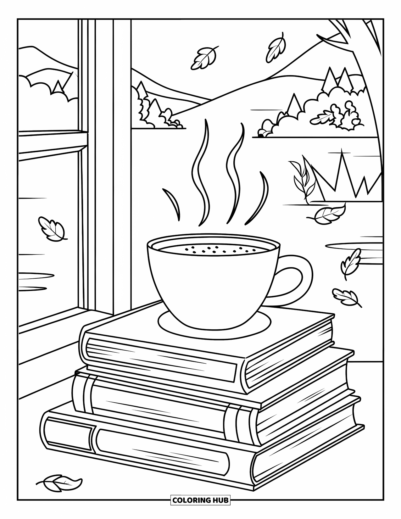 Herfst Kleurplaat voor Kinderen: Een stomende kop cacao staat bovenop een stapel boeken naast een raam