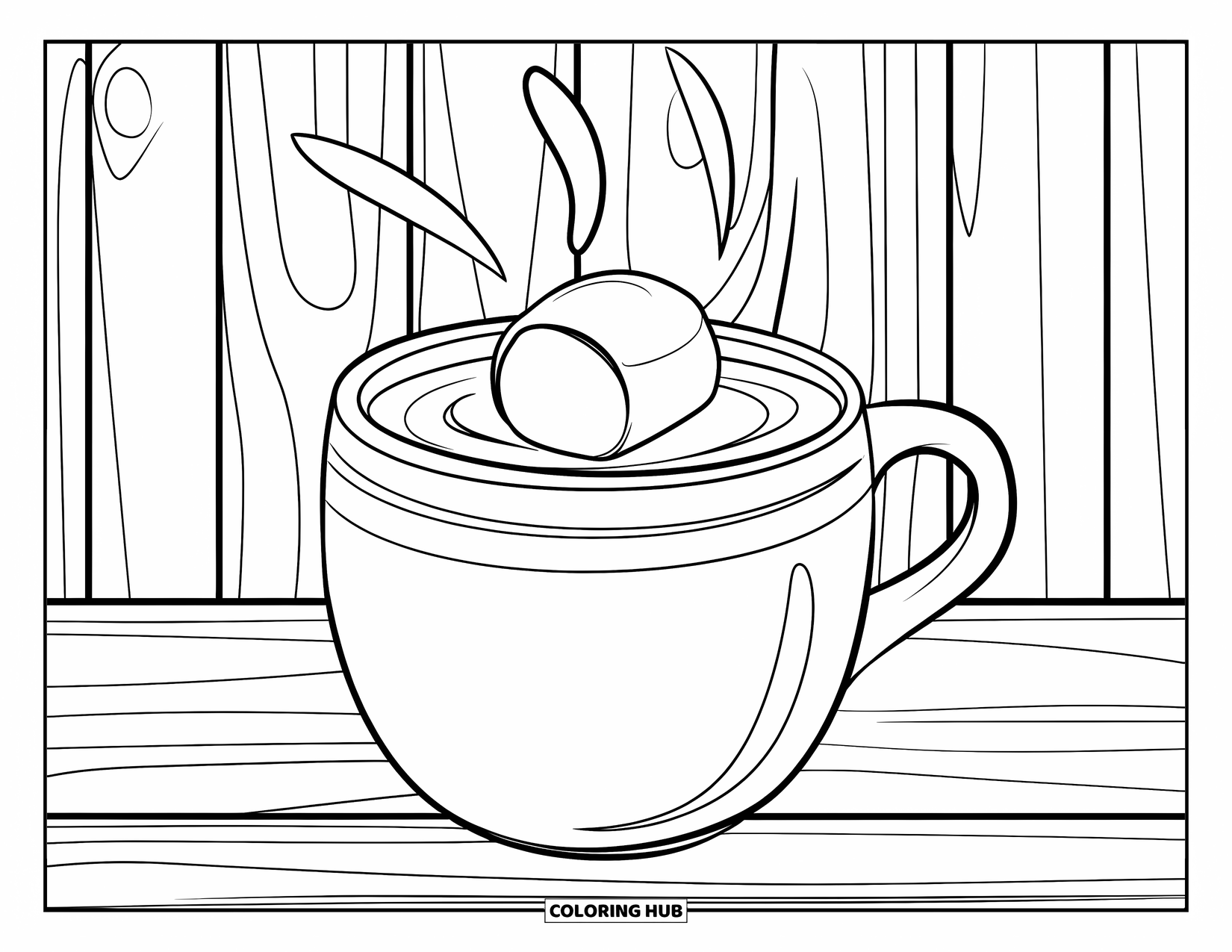 Herfst Kleurplaat voor Kinderen: Een stomende mok warme chocolademelk met een marshmallow rust op een houten oppervlak