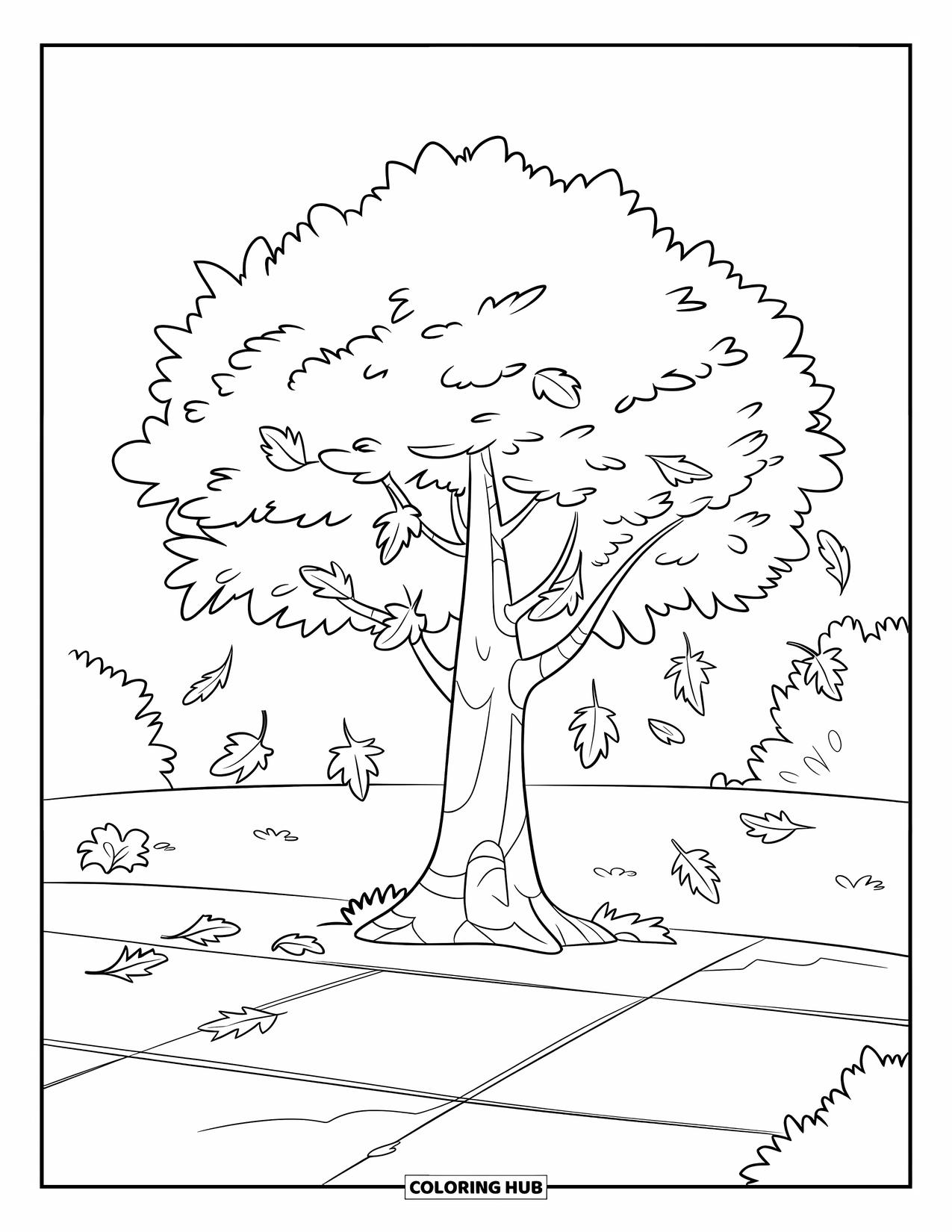 Herfst Kleurplaat voor Kinderen: Een stevige boom met vallende bladeren staat alleen in een park