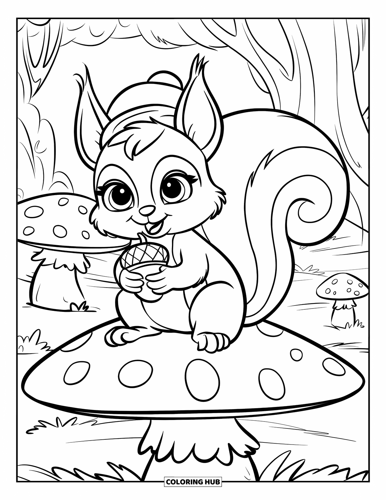 Herfst Kleurplaat voor Kinderen: Een kleine eekhoorn zit op een grote paddenstoel, vrolijk knabbelend aan een eikel