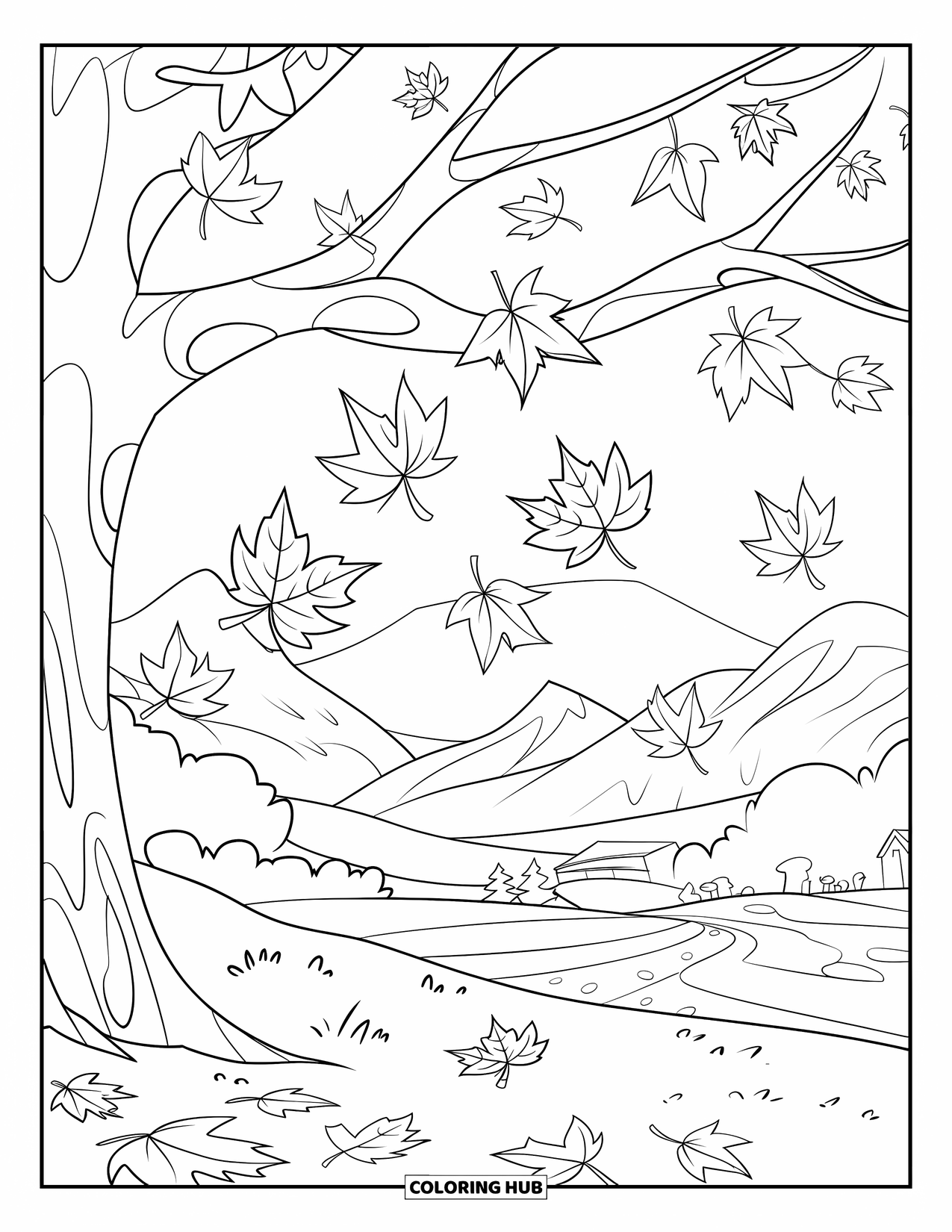 Herfst Kleurplaat voor Kinderen: Een boom met brede takken verliest oranje, rode en gele bladeren in de herfst