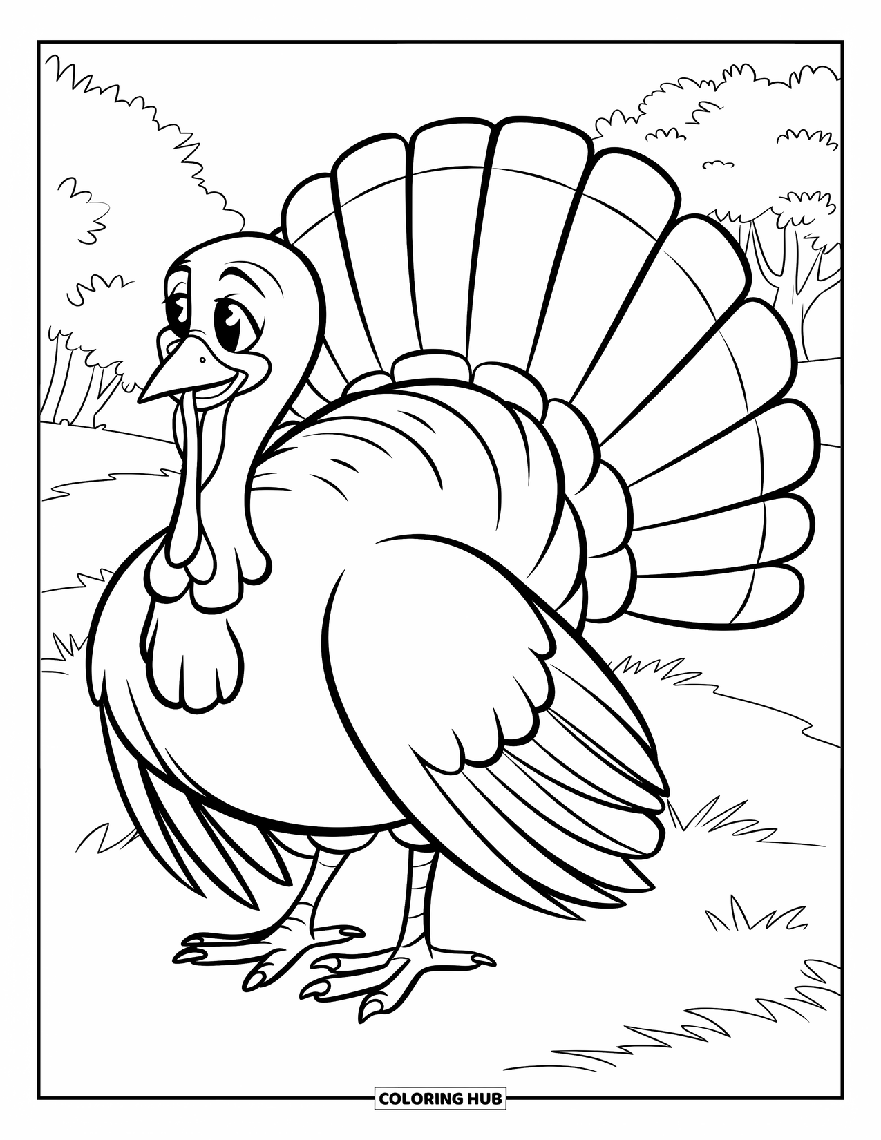 Herfst Kleurplaat voor Kinderen: Een kalkoen staat trots in een grasveld, zijn staartveren wijd gespreid