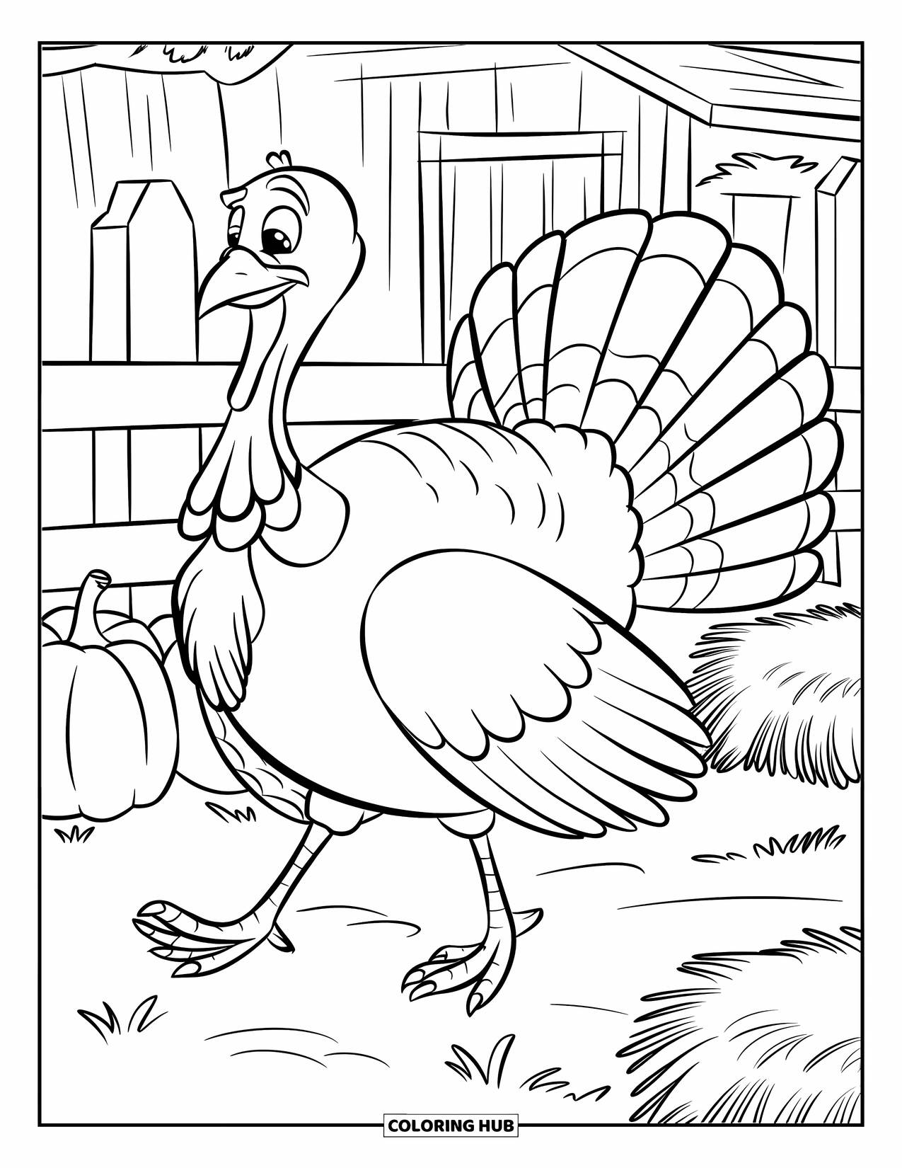 Herfst Kleurplaat voor Kinderen: Een kalkoen wandelt in de buurt van een boerderij, omringd door pompoenen en gestapelde hooibalen