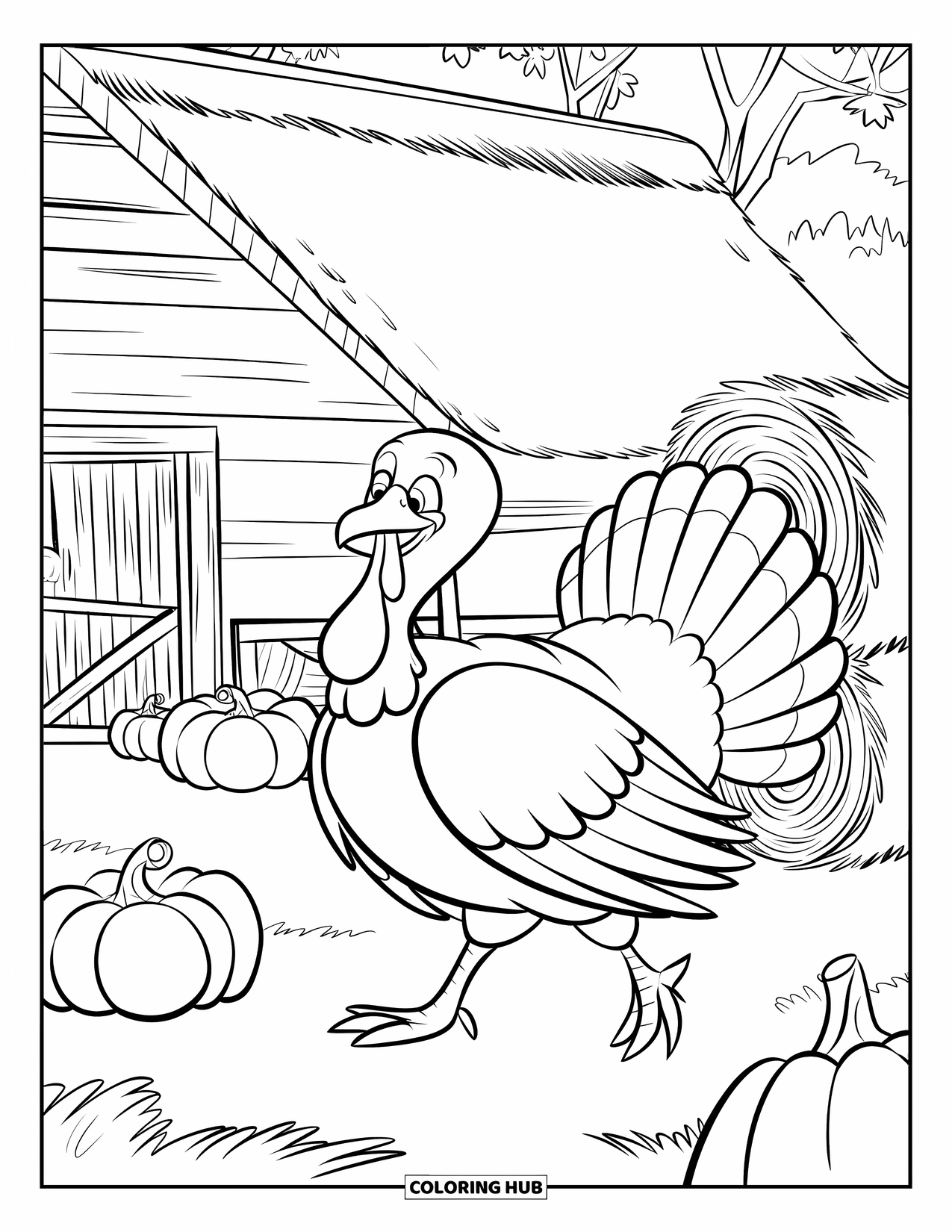 Herfst Kleurplaat voor Kinderen: Een kalkoen paradeert door een boerenerf, met pompoenen en hooi verspreid over het veld