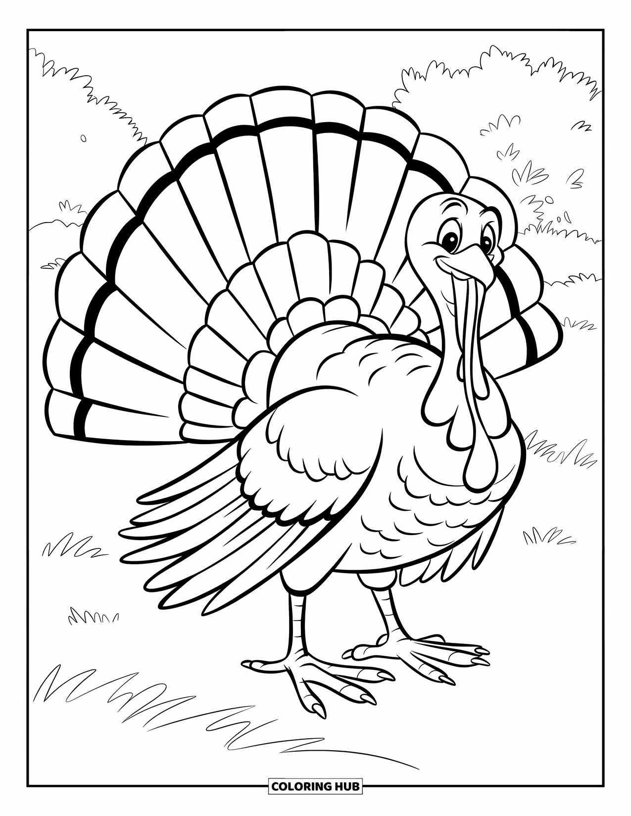 Herfst Kleurplaat voor Kinderen: Een kalkoen met brede staartveren staat op een grasveld, klaar voor de herfst