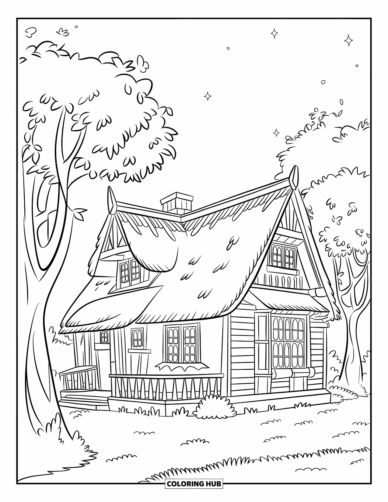 Herfst Kleurplaat voor Kinderen: Een huisje in Victoriaanse stijl gloeit warm, omringd door torenhoge bomen en zacht gras