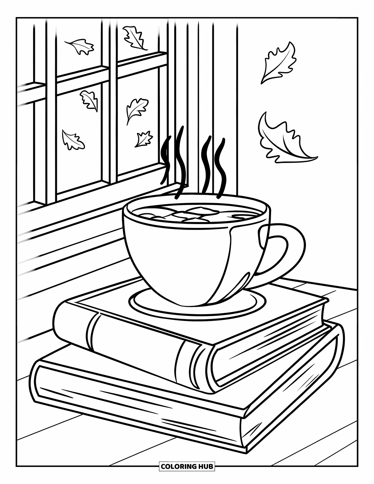 Herfst Kleurplaat voor Kinderen: Een warme drank rust op een stapel boeken, met bladeren die buiten ronddrijven