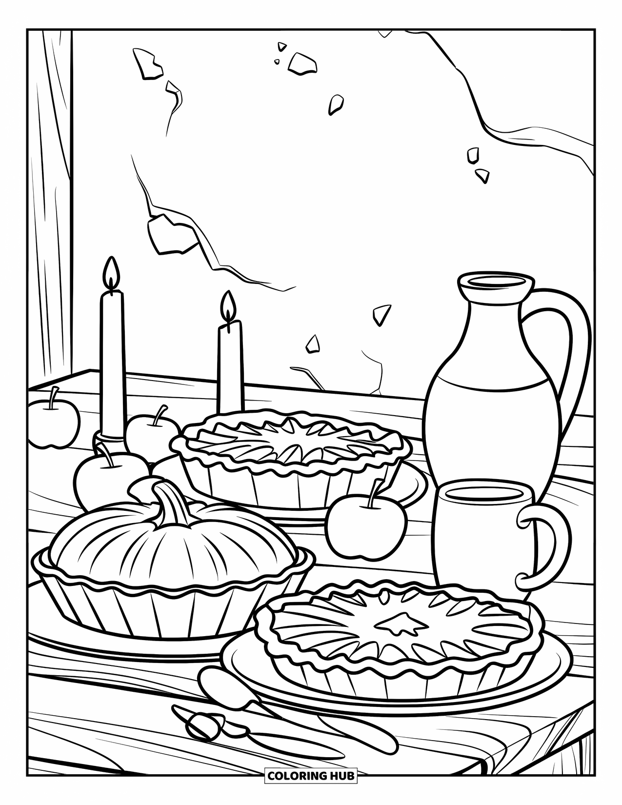 Herfst Kleurplaat voor Kinderen: Een warme tafelsetting met pompoentaart, appels en kaarsen nodigt uit tot een gezellige maaltijd