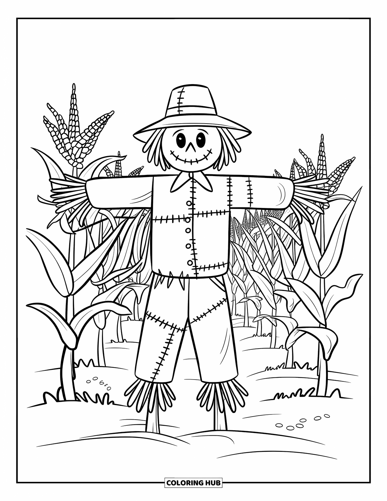 Herfst Kleurplaat voor Kinderen: Een verweerde vogelverschrikker met een strohoed waakt over een spookachtig korenveld