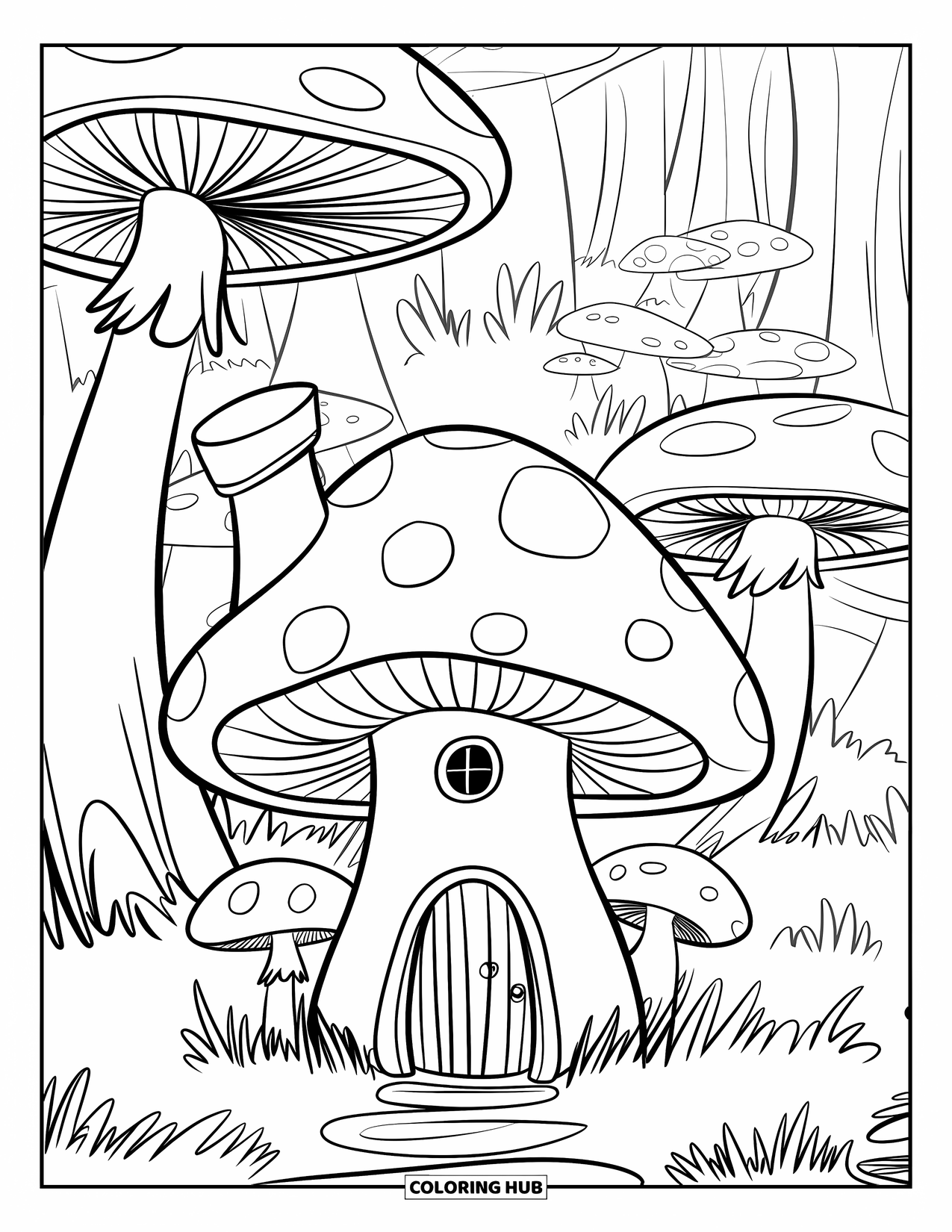 Herfst Kleurplaat voor Kinderen: Een grillig paddenstoelenhuis met een klein deurtje staat tussen torenhoge paddenstoelen