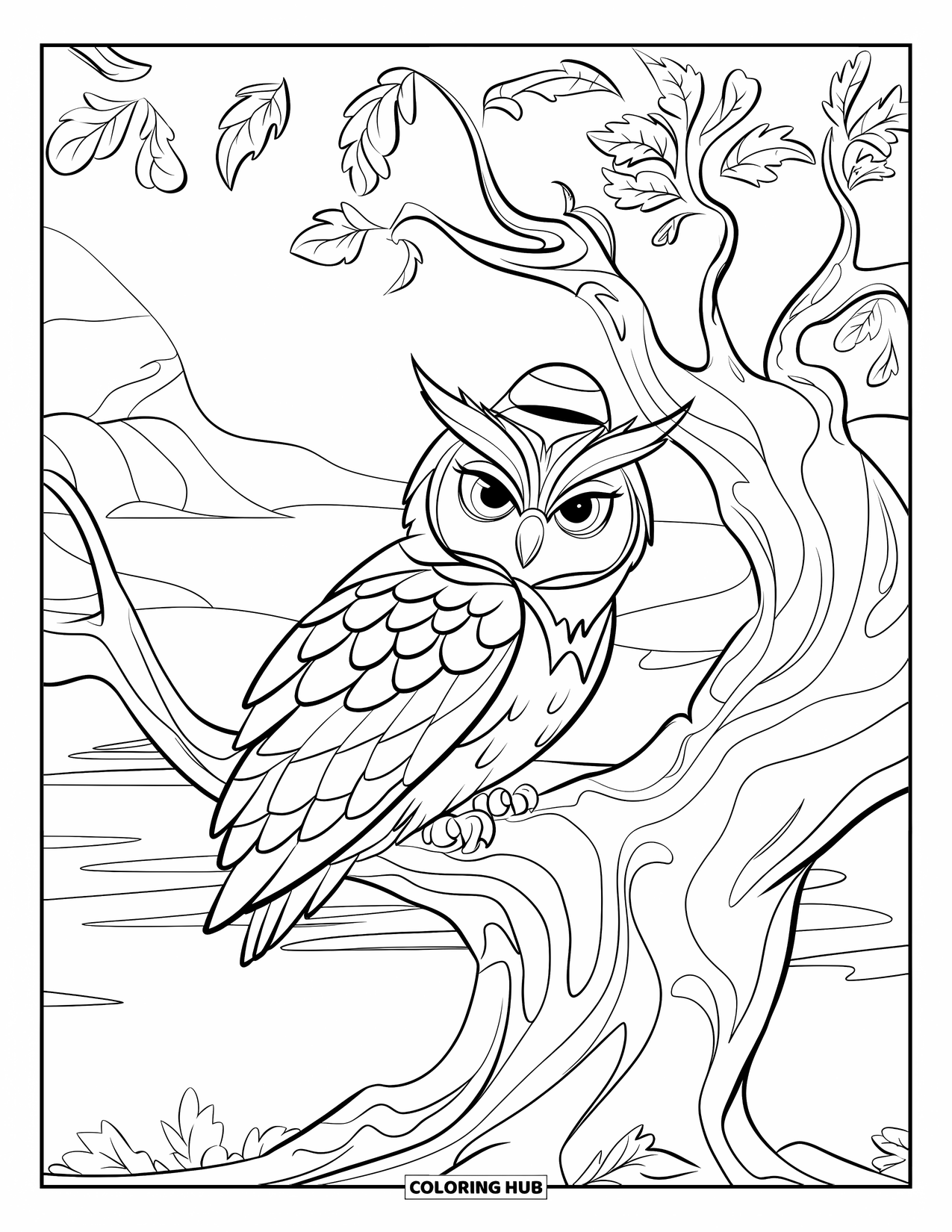 Herfst Kleurplaat voor Kinderen: Een wijze uil zit in een oude eik, zijn gelaagde veren vol detail