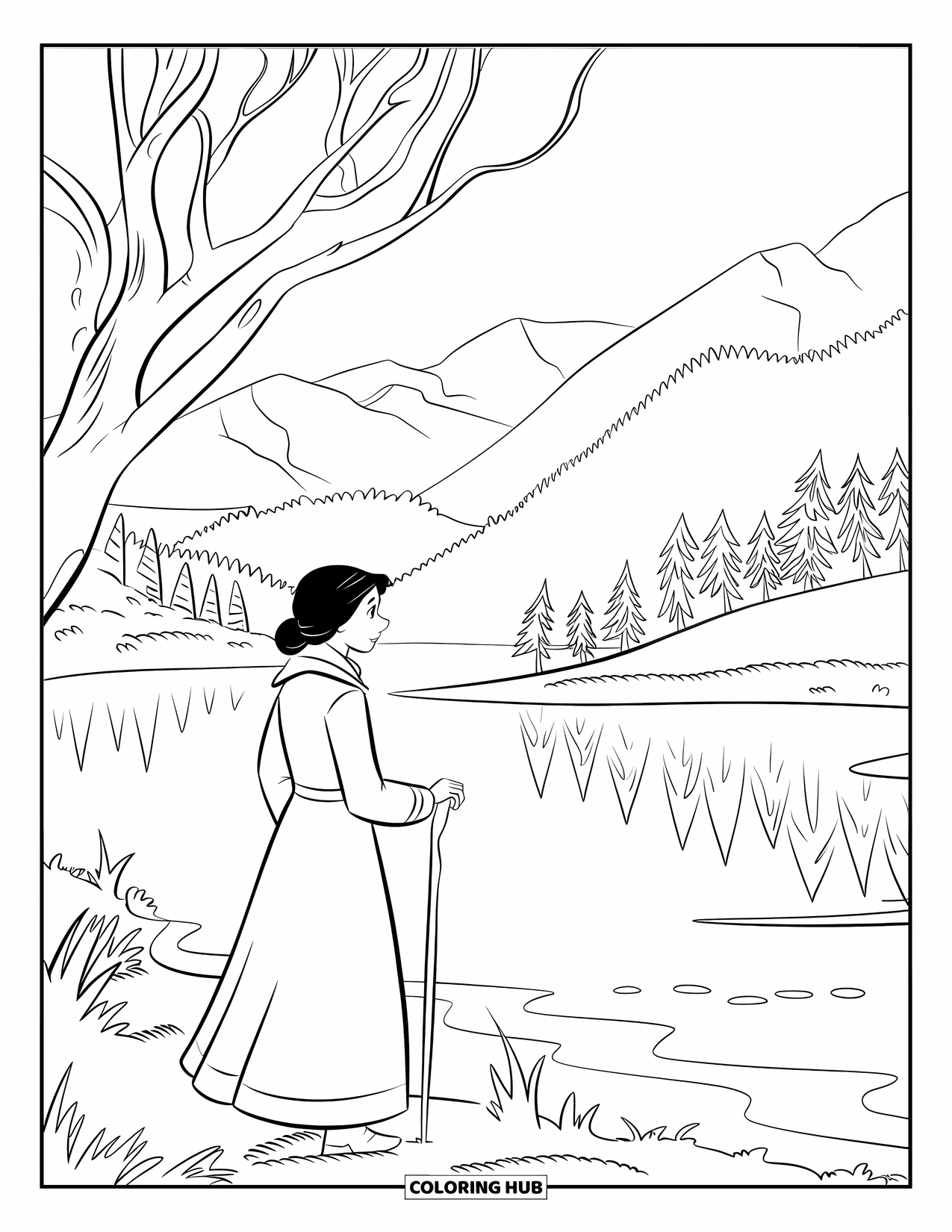 Herfst Kleurplaat voor Kinderen: Een vrouw gewikkeld in een sjaal staat bij een mistig meer en houdt een wandelstok vast