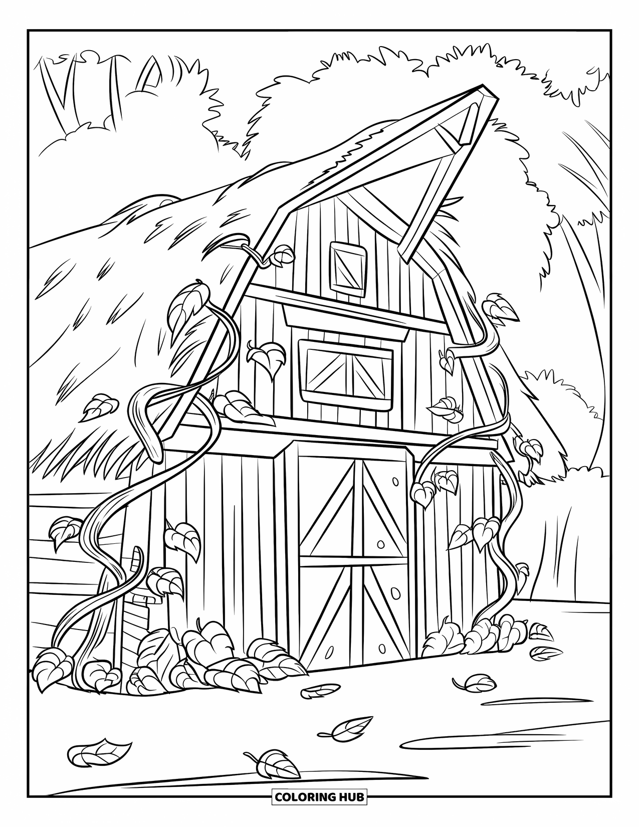 Herfst Kleurplaat voor Kinderen: Een houten schuur bedekt met klimplanten staat tussen gevallen herfstbladeren