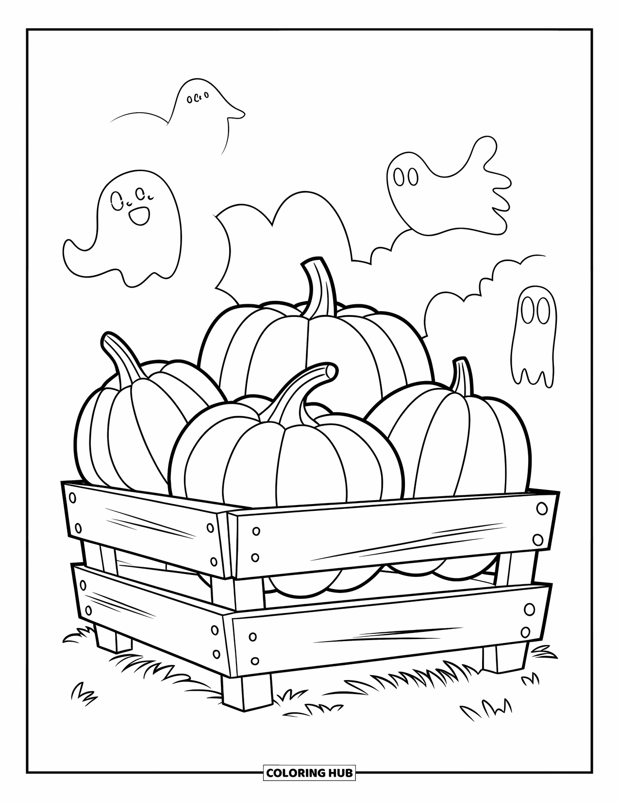 Herfst Kleurplaat voor Kinderen: Een houten krat is hoog opgestapeld met hobbelige kalebassen en ronde pompoenen