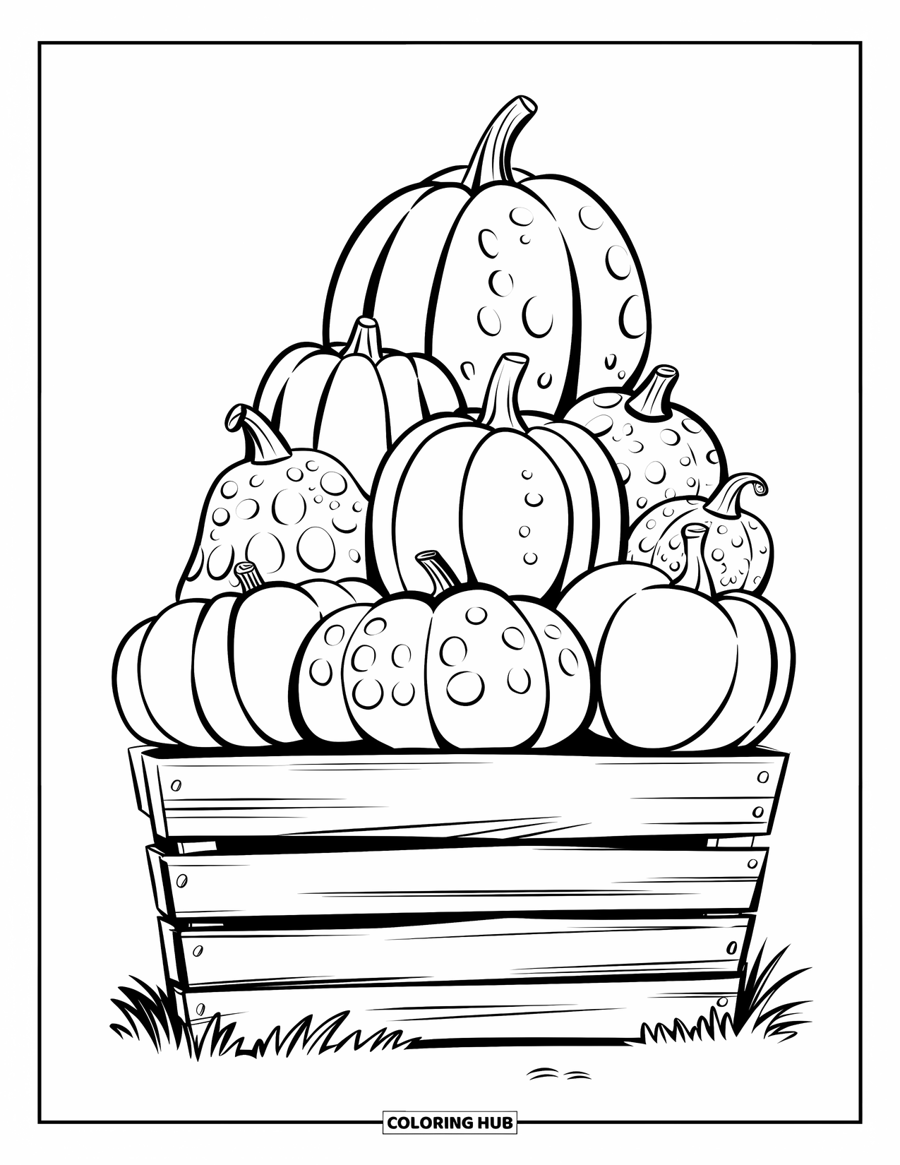 Herfst Kleurplaat voor Kinderen: Een houten krat stroomt over van gestapelde pompoenen en hobbelige kalebassen