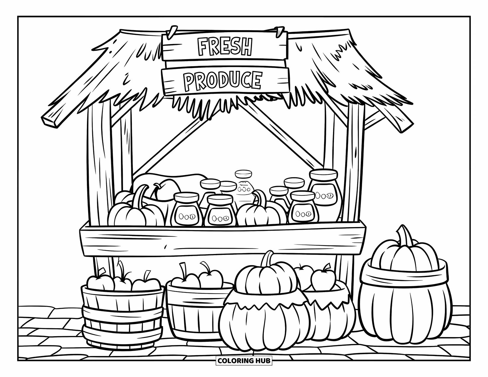 Herfst Kleurplaat voor Kinderen: Een houten marktkraam toont verse producten met een charmant handgeschilderd bord