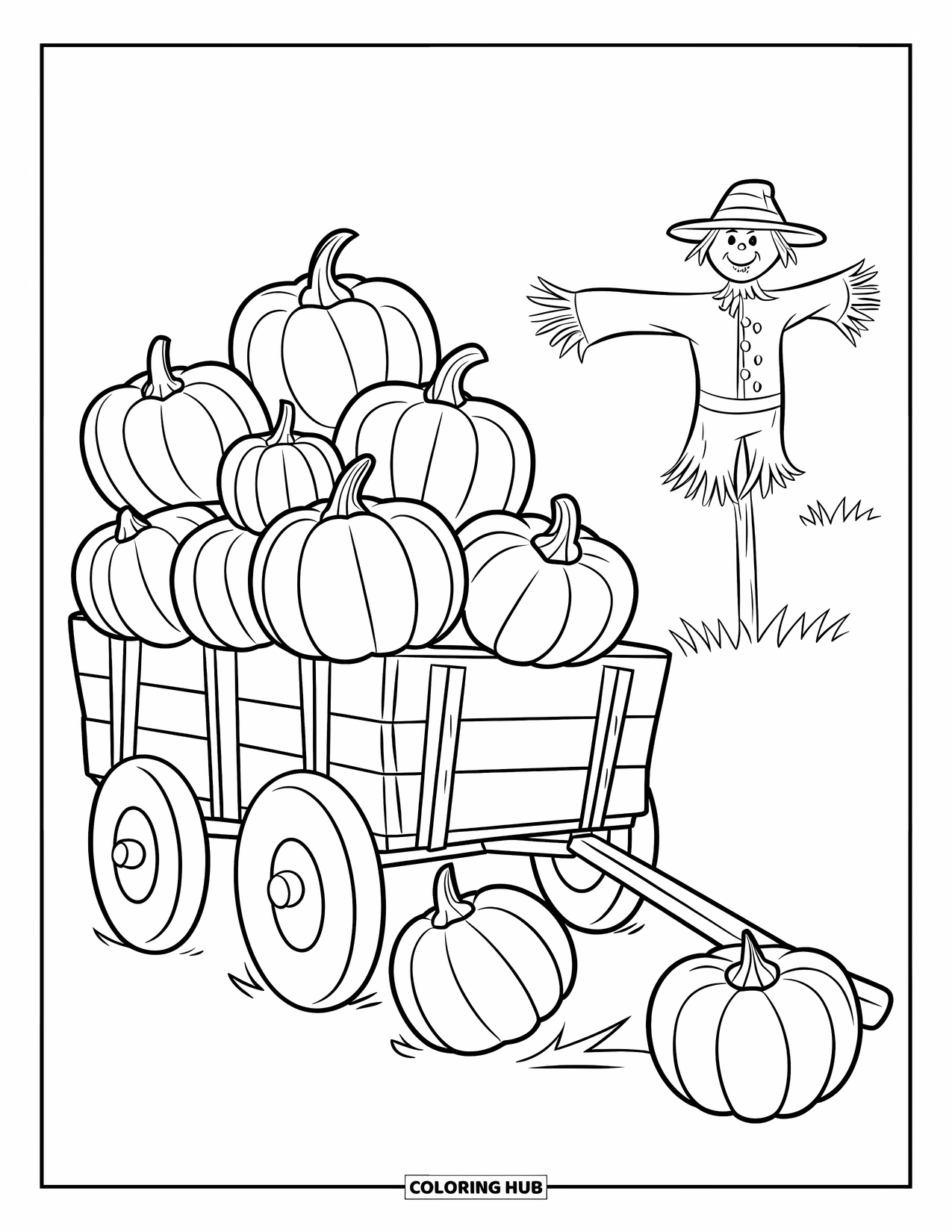 Herfst Kleurplaat voor Kinderen: Een houten wagen vol met pompoenen rolt over een landweg