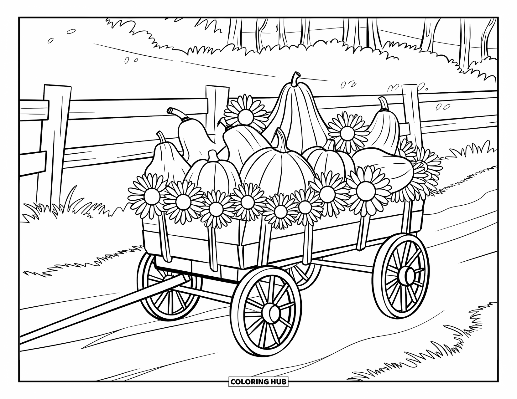 Herfst Kleurplaat voor Kinderen: Een houten wagen gevuld met zonnebloemen en kalebassen staat naast een rustig landpad