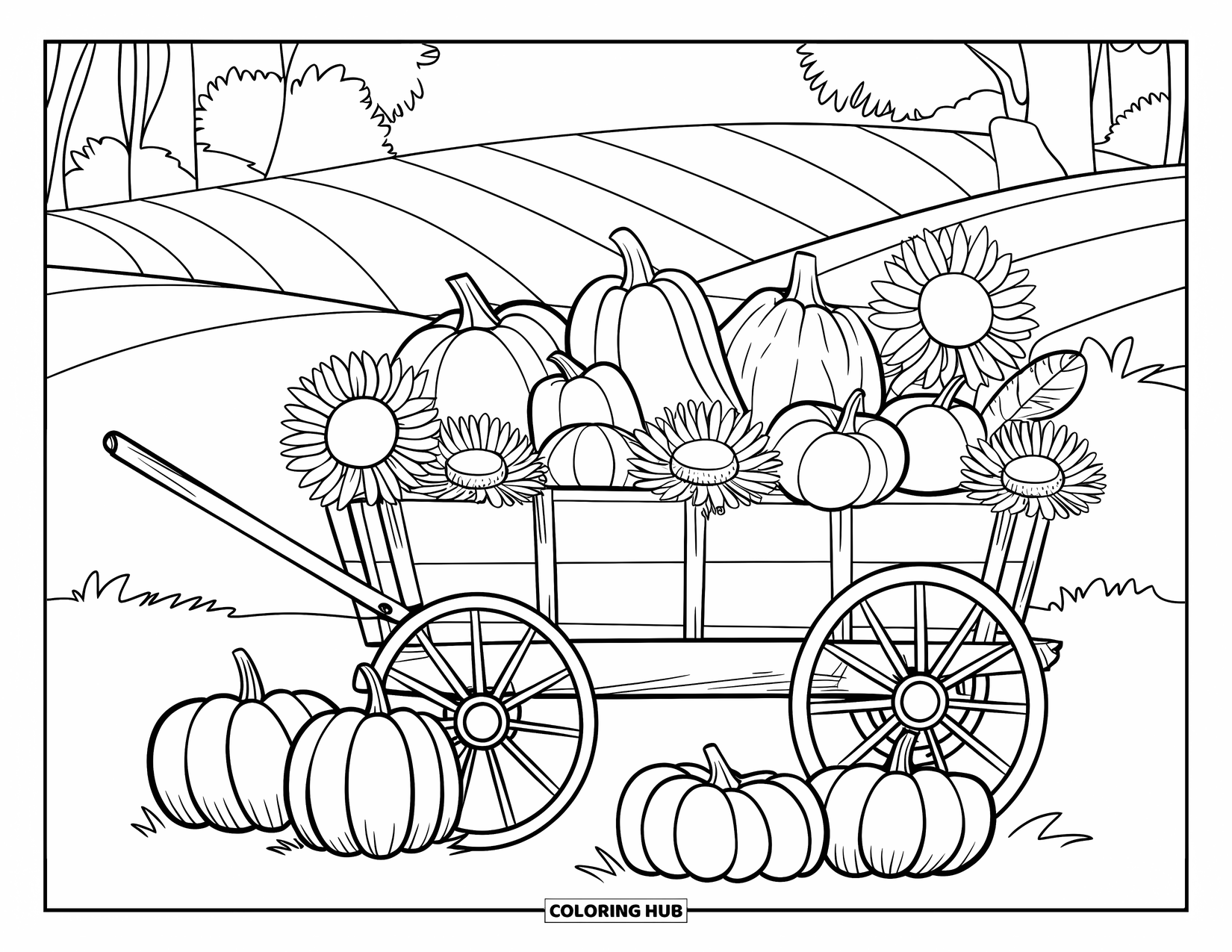 Herfst Kleurplaat voor Kinderen: Een houten wagen vol met pompoenen en zonnebloemen staat in een vredig veld