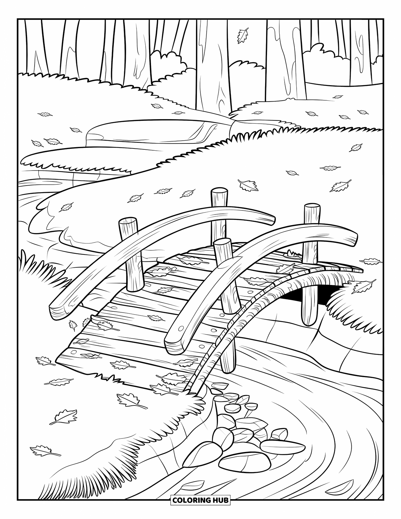 Herfst Kleurplaat voor Kinderen: Een versleten houten brug met verspreide bladeren overspant een stromende beek in het bos