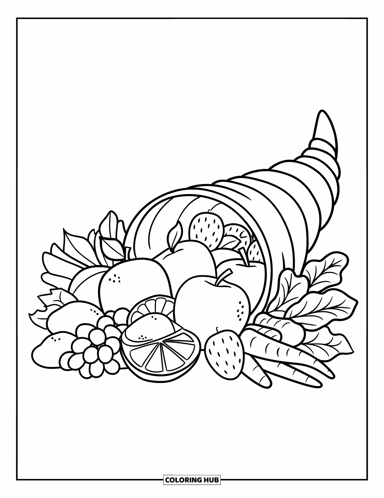 Herfst Kleurplaat voor Kinderen: Een gevlochten hoorn des overvloeds stort vers fruit, groenten en dwarrelende herfstbladeren uit