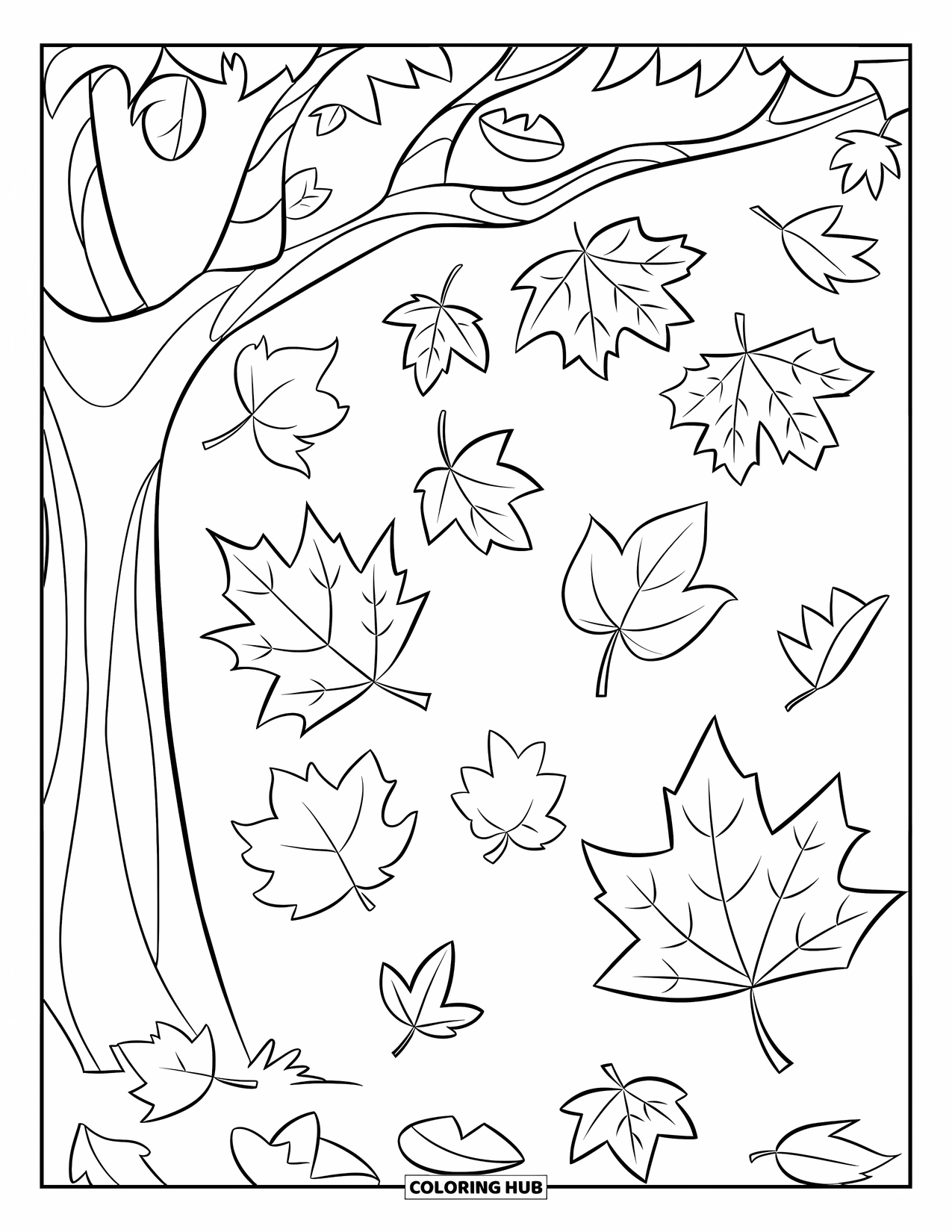 Herfst Kleurplaat voor Kinderen: Een herfstboom met grote bladeren staat hoog terwijl ze zachtjes op de grond vallen