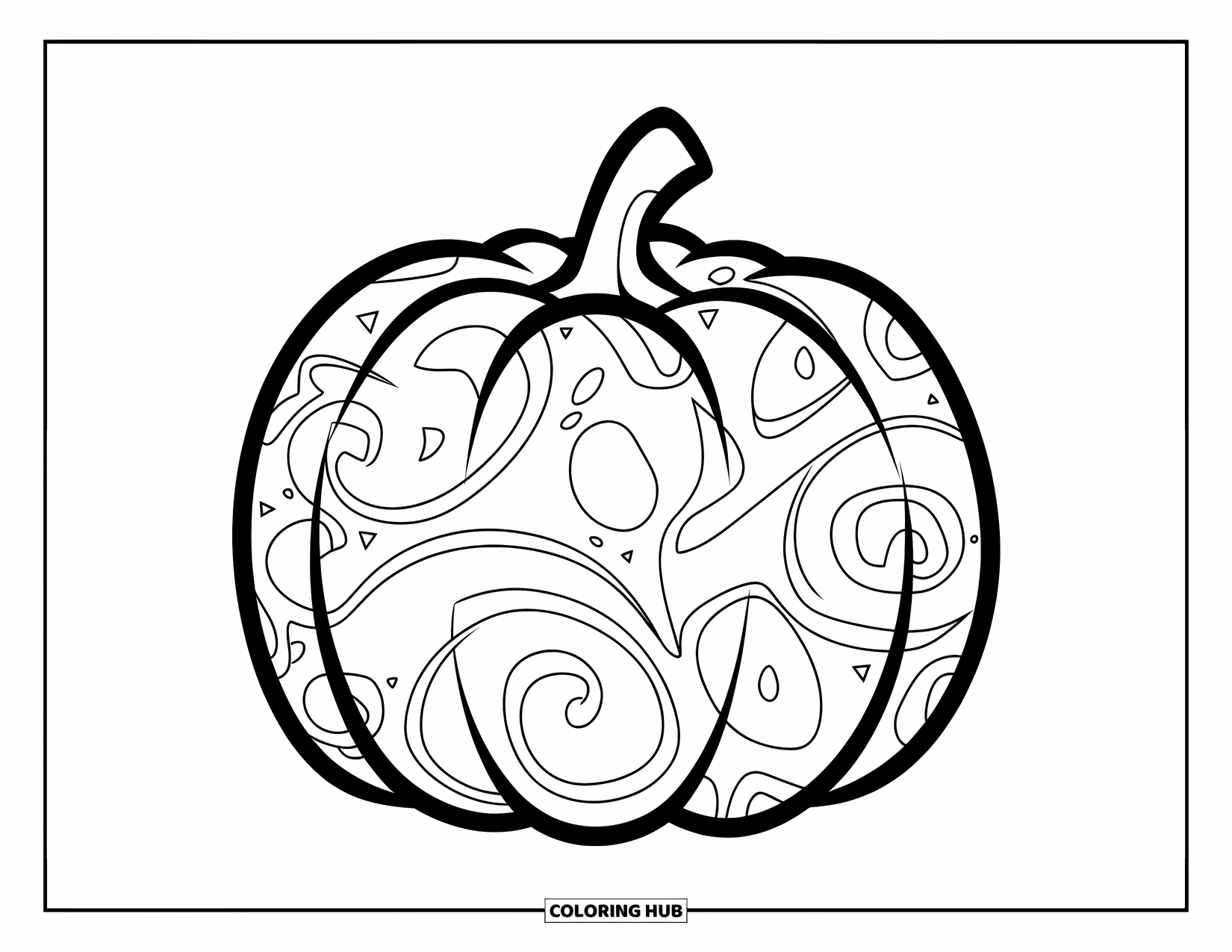 Herfst Kleurplaat voor Kinderen: Een ingewikkeld gesneden pompoen met elegante krullen rust op een houten oppervlak