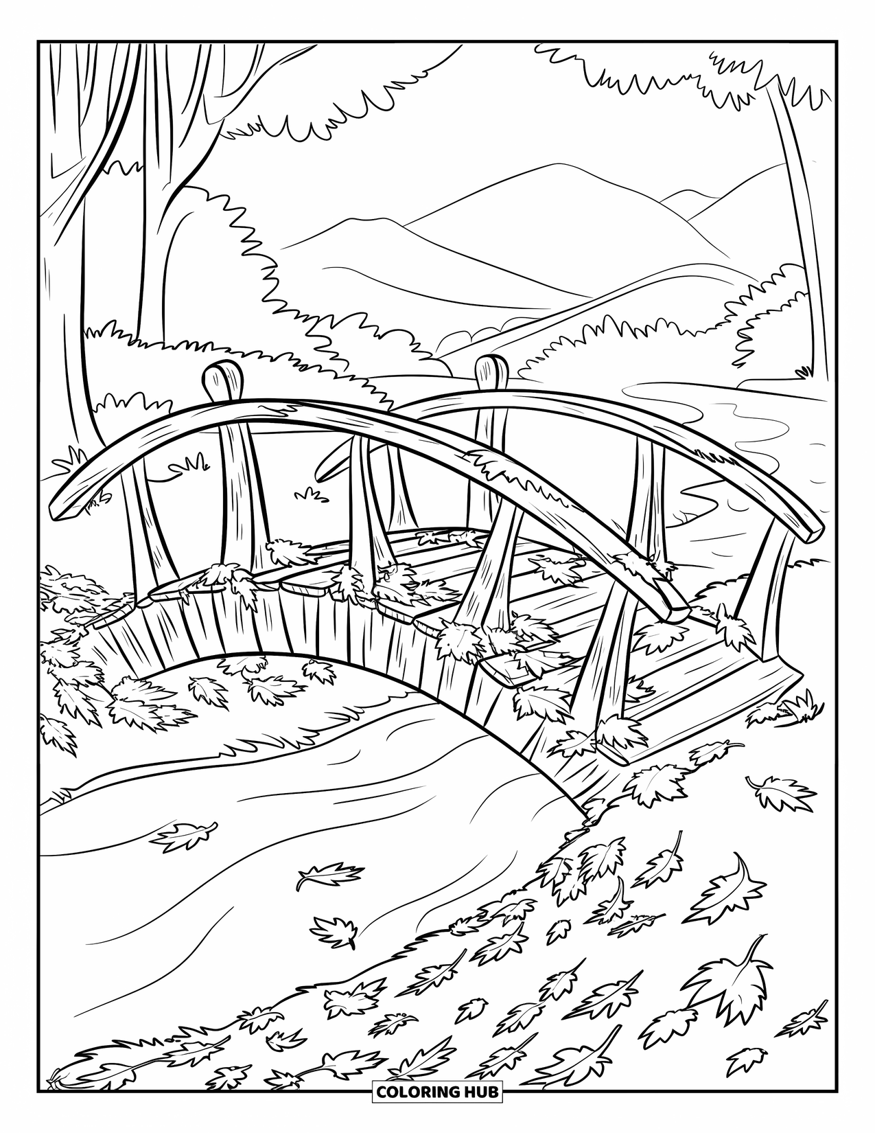 Herfst Kleurplaat voor Kinderen: Een oude houten brug met ontbrekende planken staat over een rustige beek in de herfst