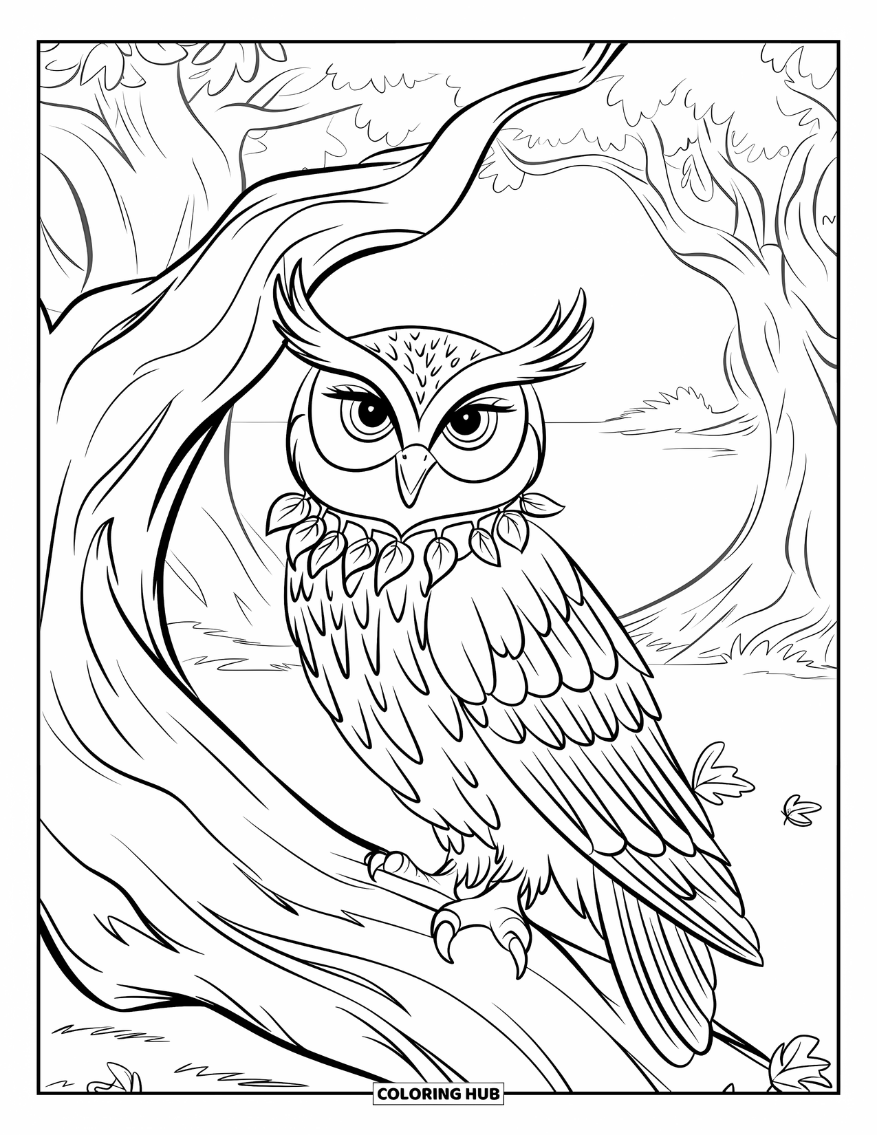 Herfst Kleurplaat voor Kinderen: Een uil met een bladerkraag rust in een oude eik, omringd door herfstbladeren