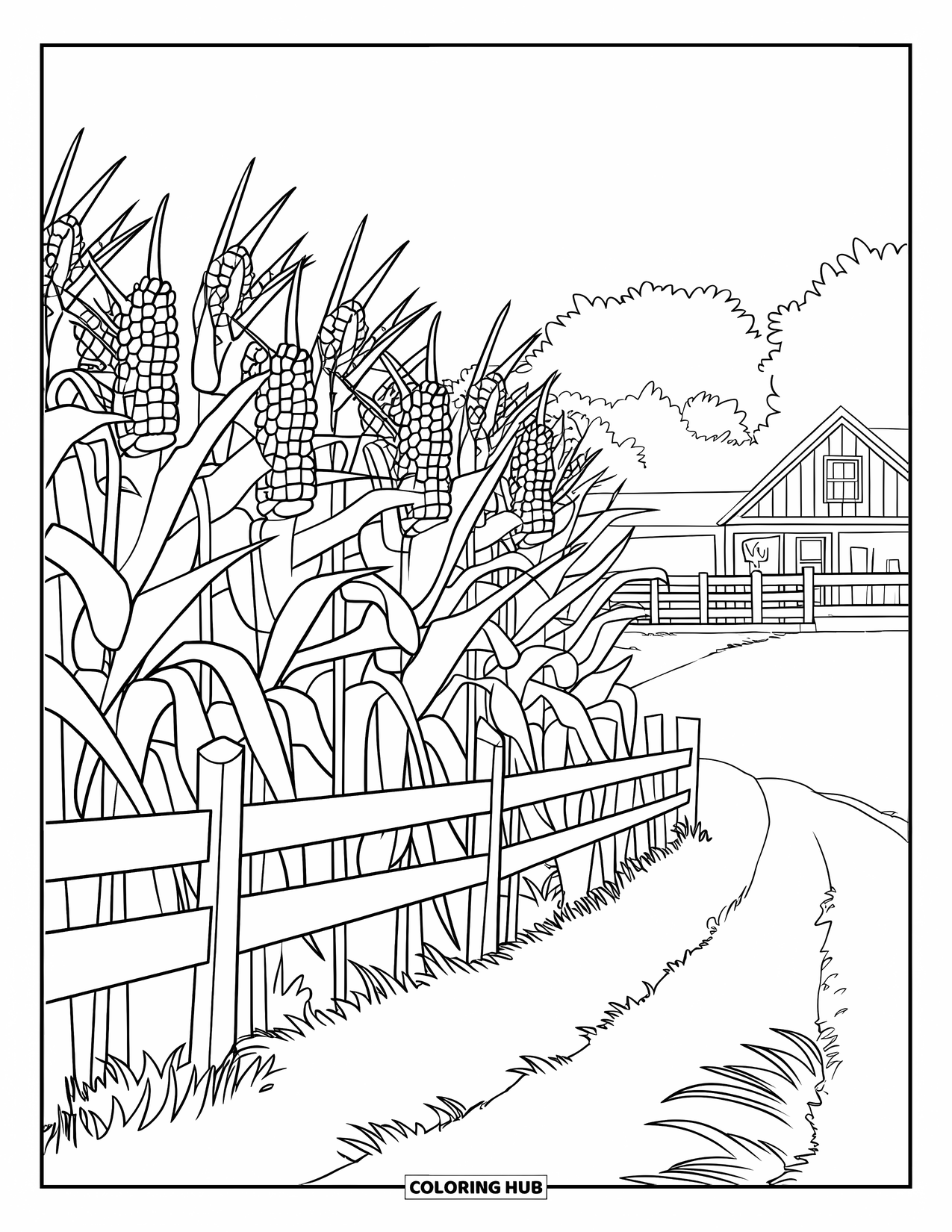 Herfst Kleurplaat voor Kinderen: Gouden maisstengels staan hoog naast een boerderij, omheind door een houten hek