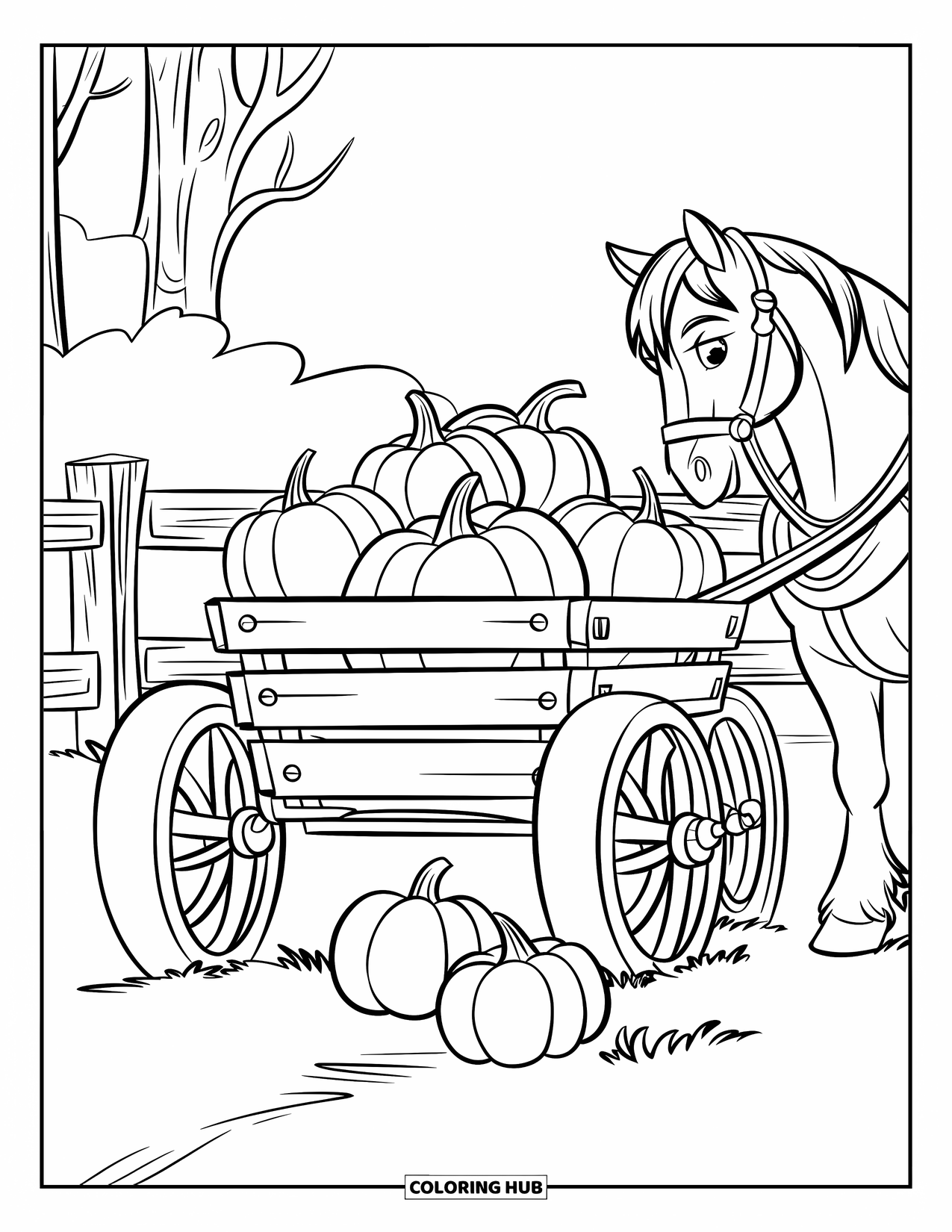 Herfst Kleurplaat voor Kinderen: Drie pompoenen vallen uit een wagen terwijl deze over een landweg rolt