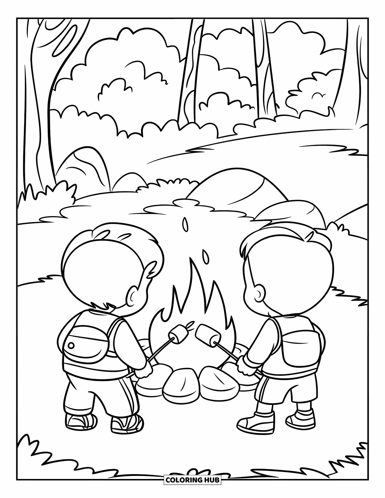 Herfst Kleurplaat voor Kinderen: Twee kinderen zitten rond een knetterend kampvuur en roosteren marshmallows onder de nachtelijke hemel