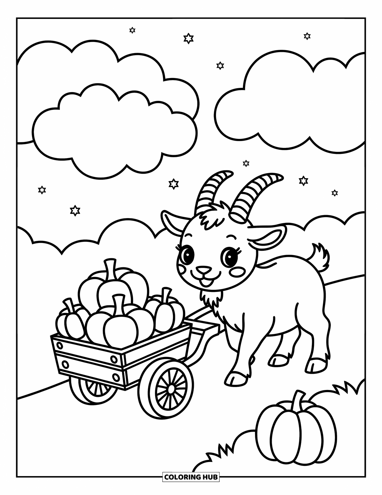 Kolorowanka ze zwierzętami gospodarskimi dla dorosłych: Wesoła koza ciągnie drewniany wózek pełen jabłek i dyń pod miękkimi chmurami