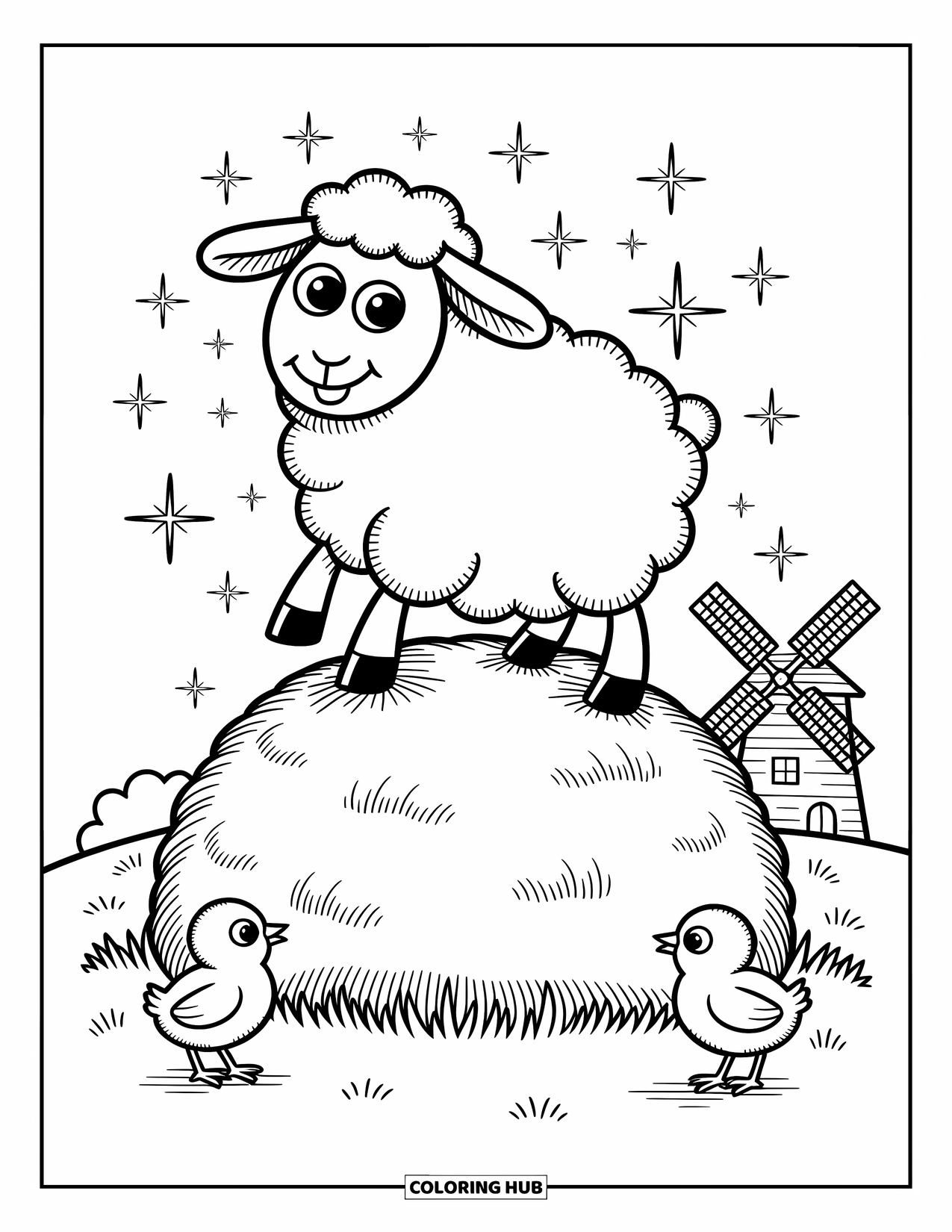 Kolorowanka ze zwierzętami gospodarskimi dla dorosłych: Wesoła koza stoi na kłodzie otoczona wirującymi liśćmi i ciekawskim kotem gospodarskim