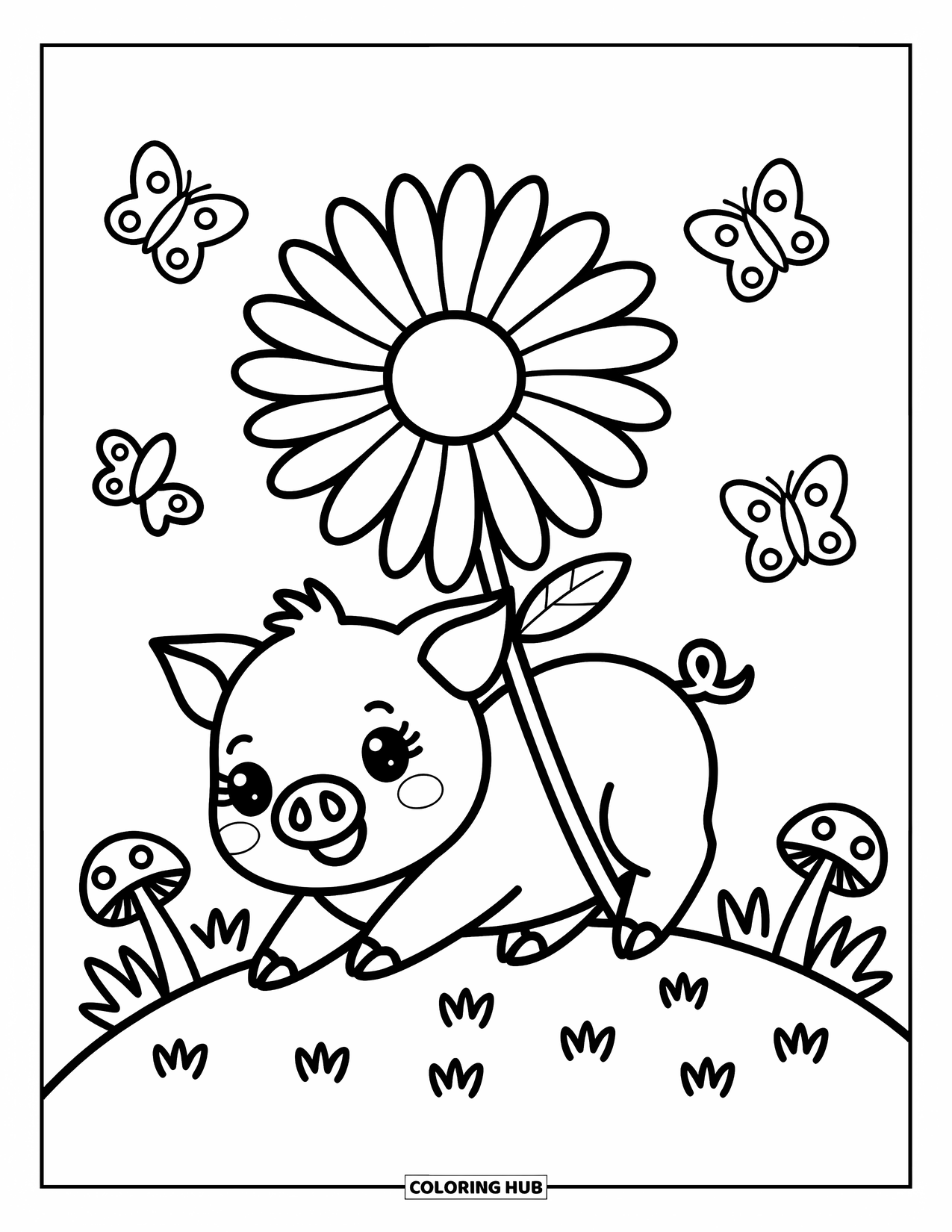 Kolorowanka ze zwierzętami gospodarskimi dla dorosłych: Wesoły prosiaczek turla się po trawie trzymając dużą stokrotkę z motylami i grzybami wokół