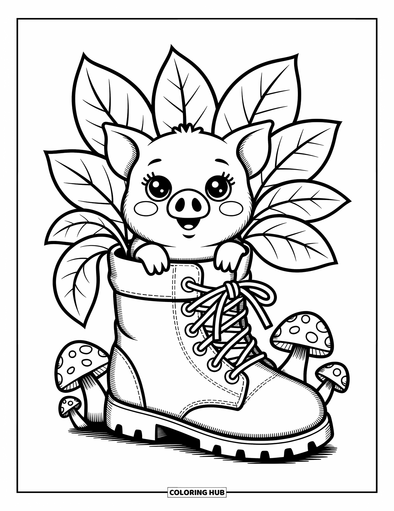 Kolorowanka ze zwierzętami gospodarskimi dla dorosłych: Pulchna świnka z dużymi oczami wygląda z doniczki w kształcie buta z liśćmi i grzybami