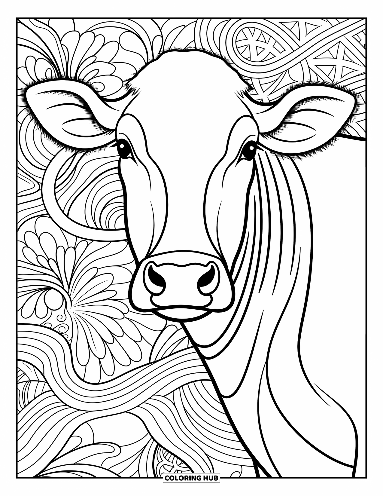 Kolorowanka ze zwierzętami gospodarskimi dla dorosłych: Pysiek krowy z bliska jest otoczony wirującymi kwiatowymi i geometrycznymi wzorami
