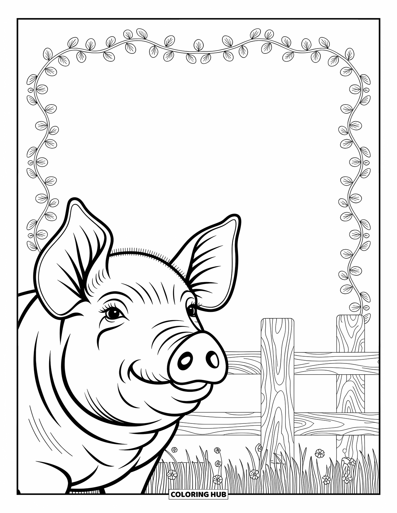 Kolorowanka ze zwierzętami gospodarskimi dla dorosłych: Pysiek świni z bliska ze skomplikowanymi detalami, otoczony pnączami, kwiatami i liniami płotu