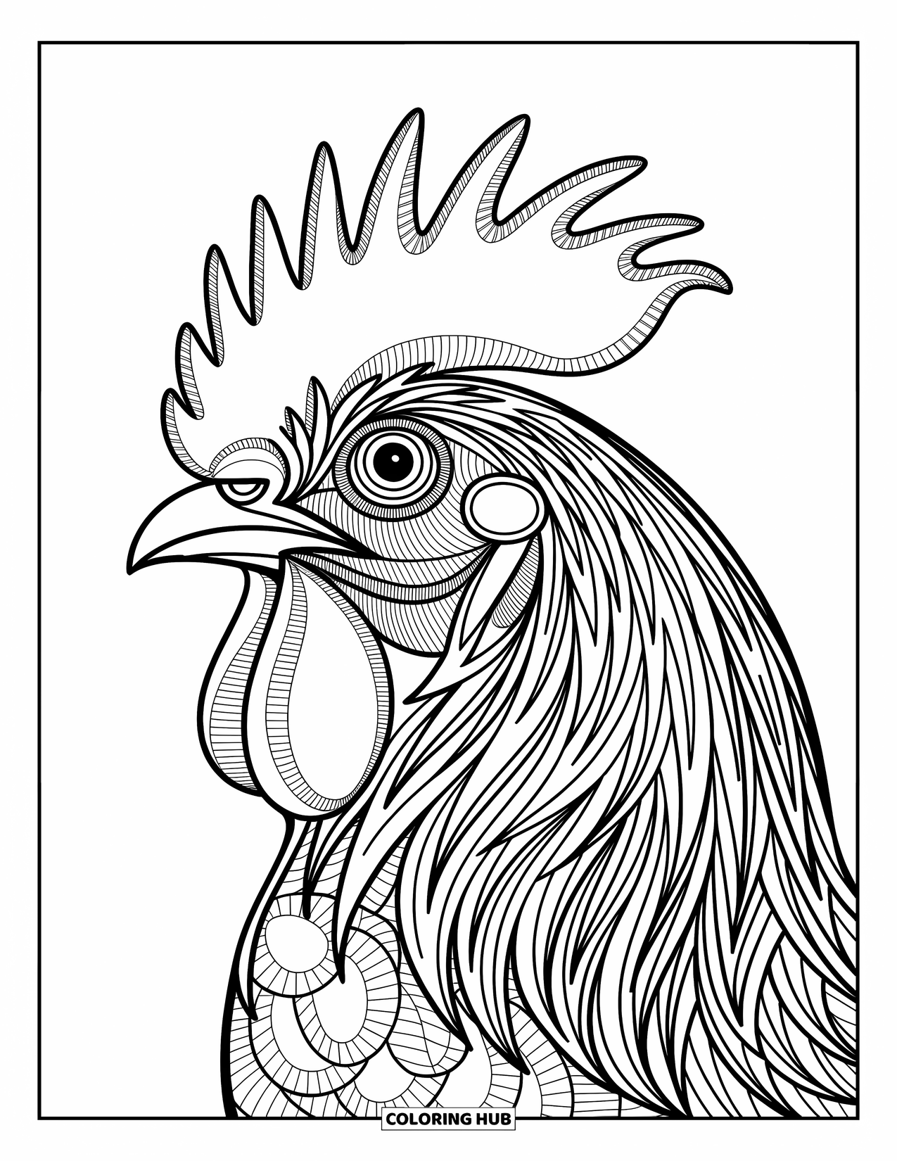 Kolorowanka ze zwierzętami gospodarskimi dla dorosłych: Głowa koguta z bliska ze szczegółowymi piórami, grzebieniem i wzorami korali