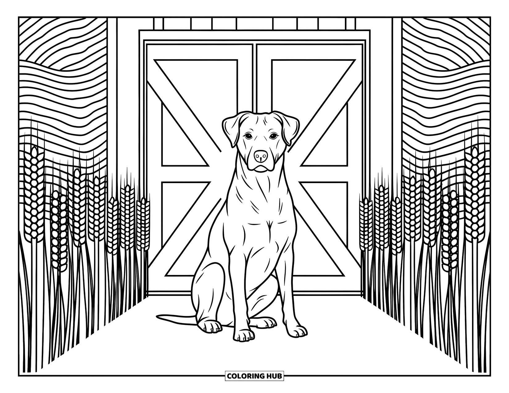 Kolorowanka ze zwierzętami gospodarskimi dla dorosłych: Pewny siebie pies odpoczywa przy drzwiach stodoły otoczony pszenicą i wirującymi wzorami