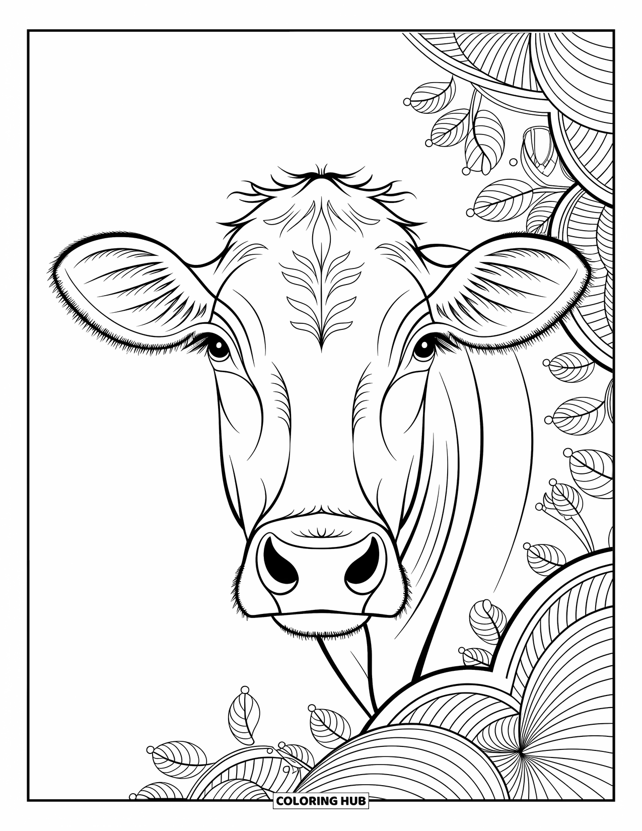 Kolorowanka ze zwierzętami gospodarskimi dla dorosłych: Pysiek krowy z delikatnymi rysami siedzi wśród wirujących wzorów i skomplikowanych kształtów