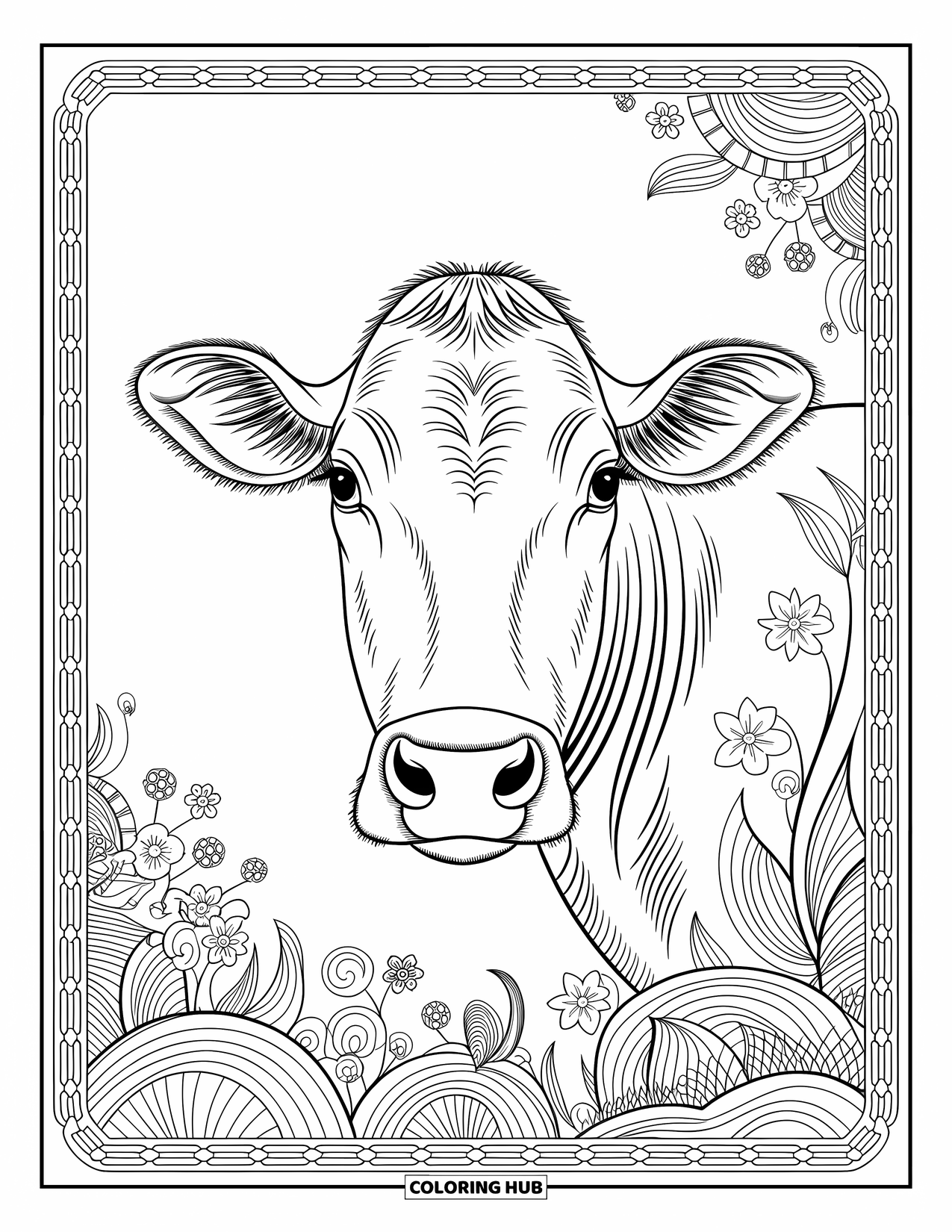 Kolorowanka ze zwierzętami gospodarskimi dla dorosłych: Pysiek krowy z wyrazistymi oczami jest otoczony eleganckimi kwiatowymi i geometrycznymi wzorami